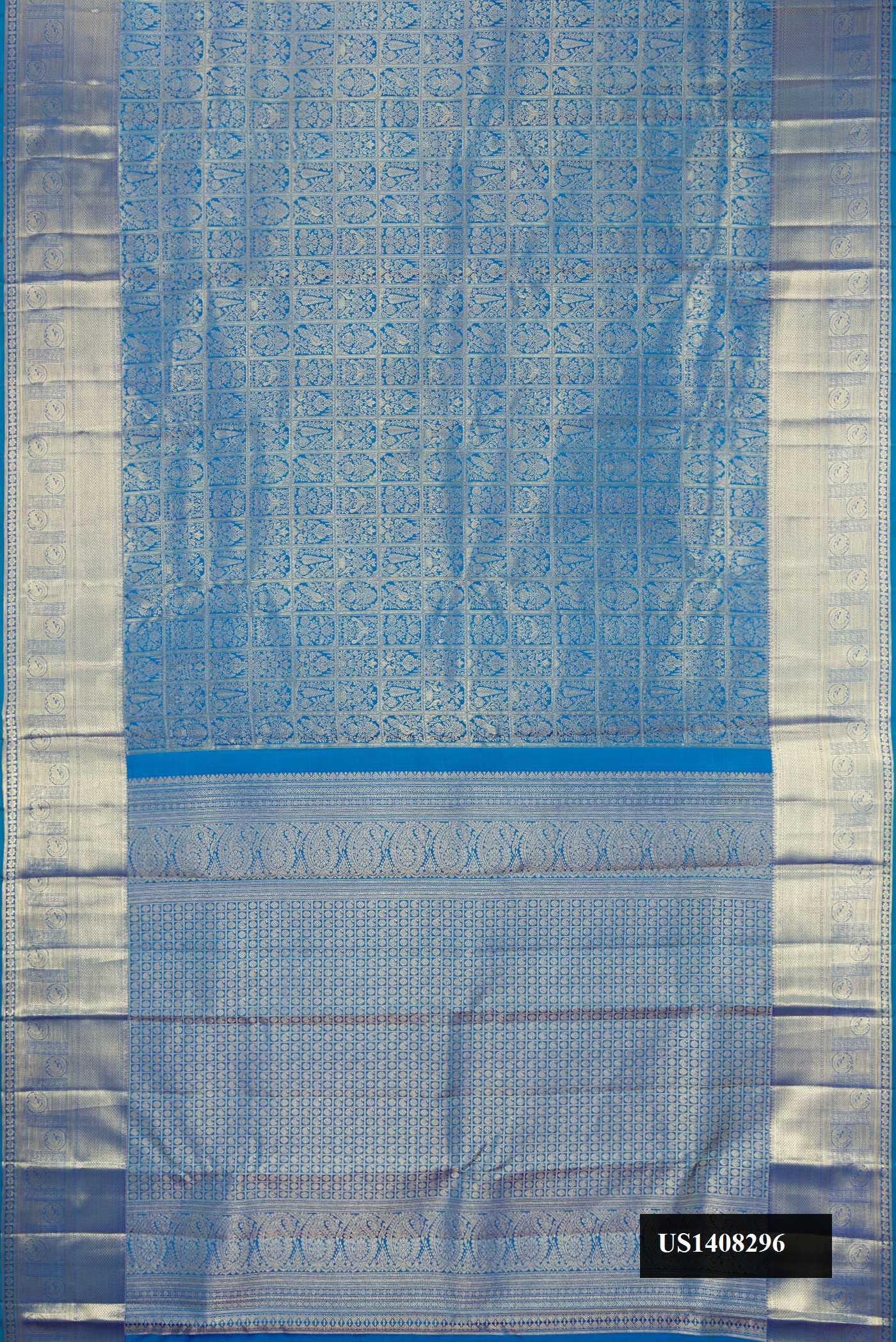 Peacock Blue Dual Tone Kanchipuram Silk Saree with Zari Brocade on the body and Zari Border.  displayed on a mannequin