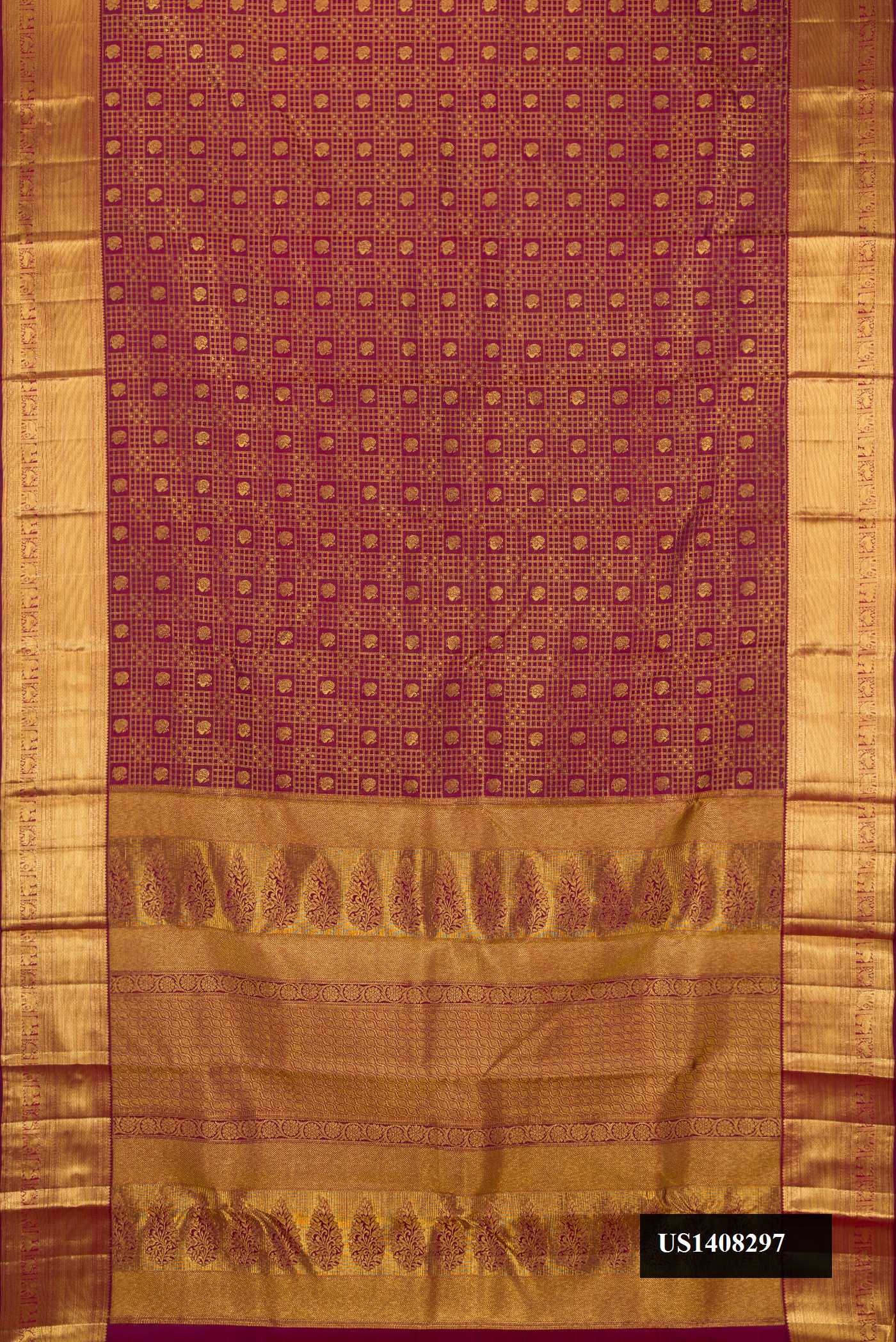 Maroon Dual Tone Kanchipuram Silk Saree with Zari Brocade on the body and Zari Border.  displayed on a mannequin