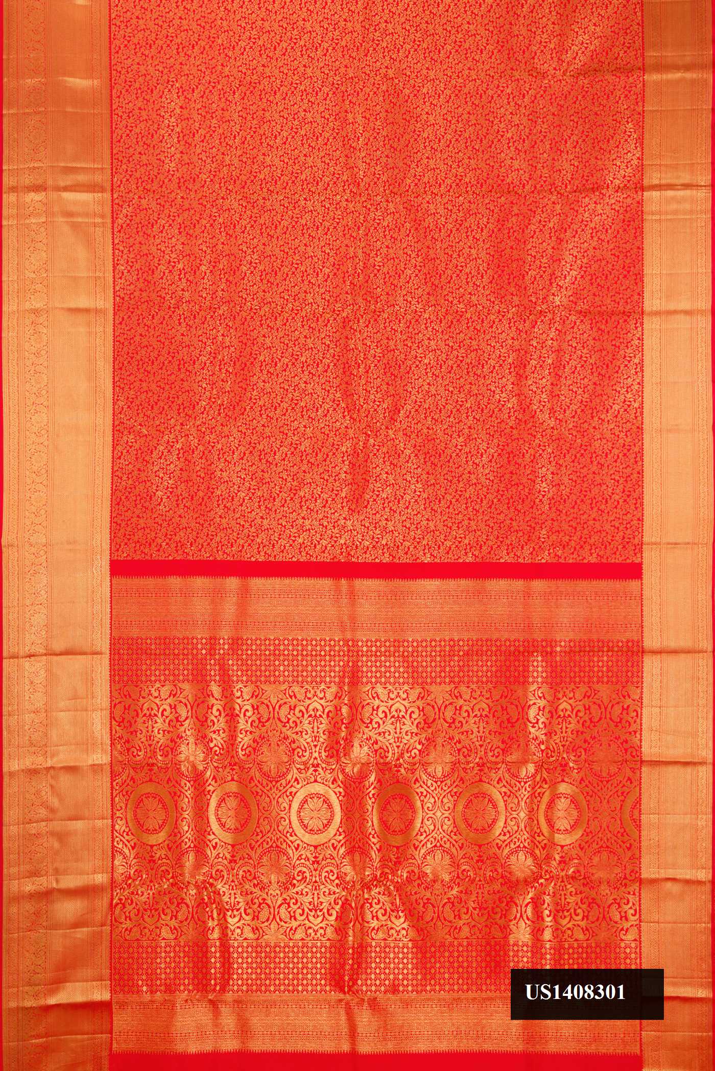Red Dual Tone Kanchipuram Silk Saree with Zari Brocade on the body and Zari Border.  displayed on a mannequin