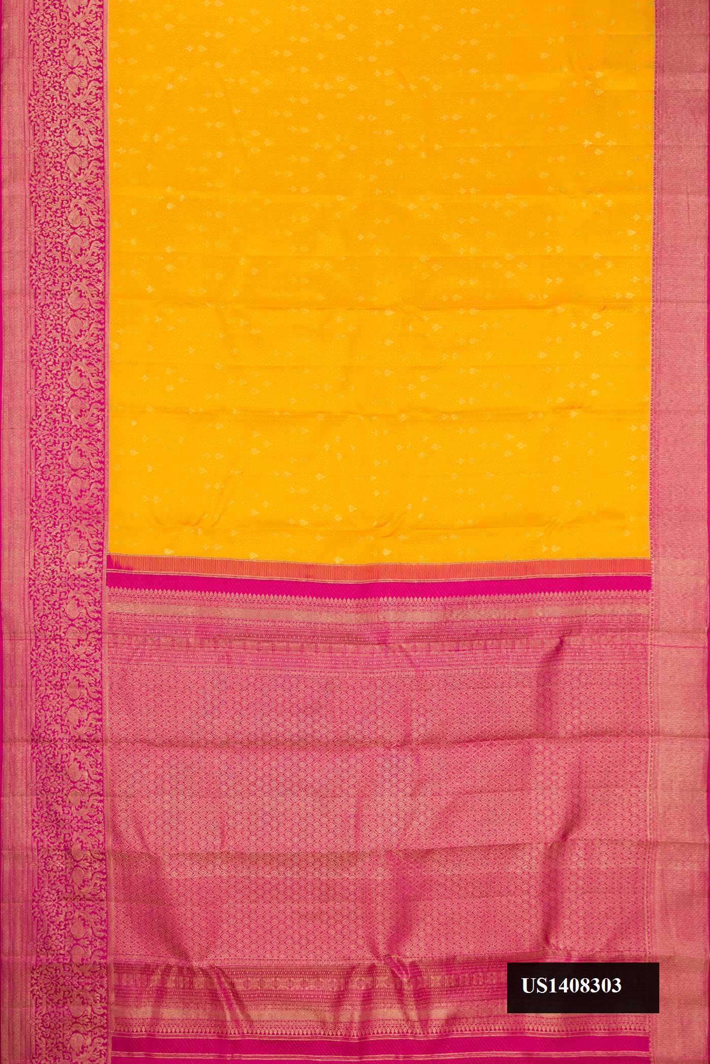 Yellow Dual Tone Kanchipuram Silk Saree with Zari Brocade on the body and Zari Border.  displayed on a mannequin
