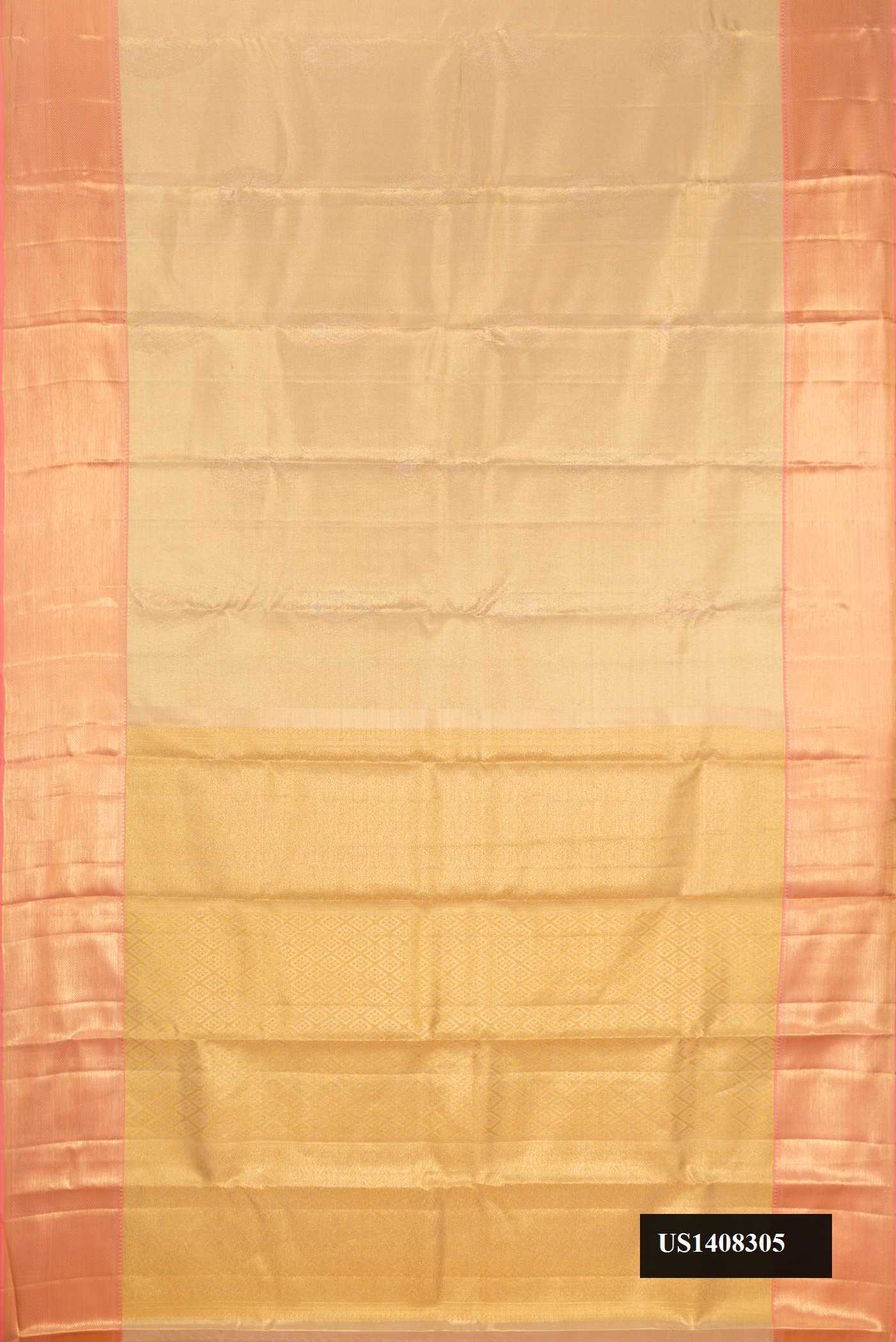 Gold Dual Tone Kanchipuram Tissue Silk Saree with Zari Brocade on the body and Zari Border.  displayed on a mannequin