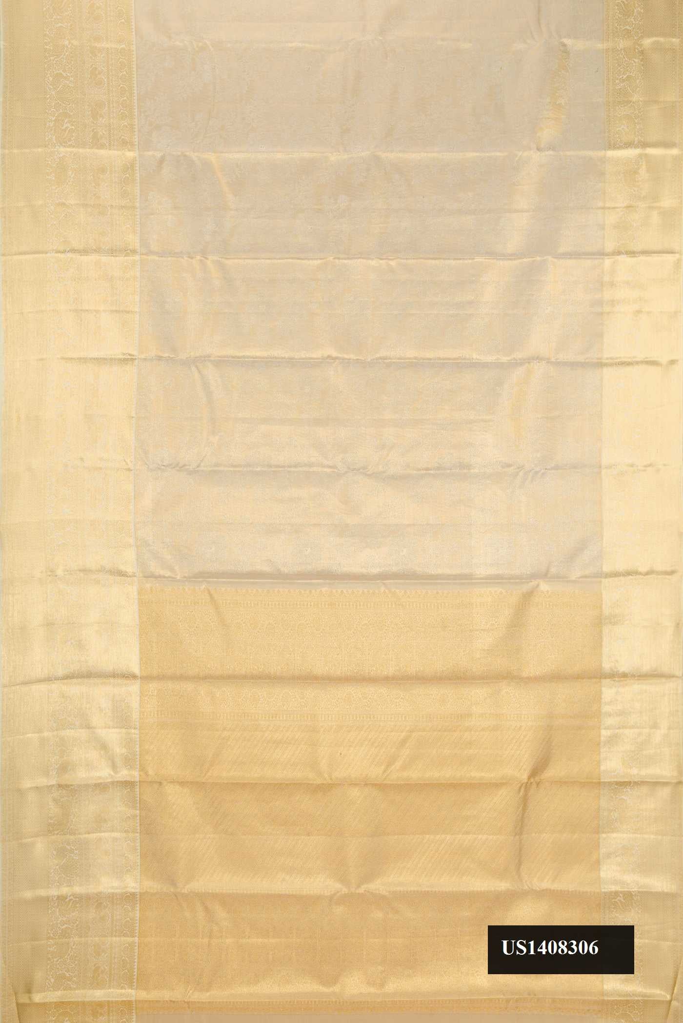 Gold Dual Tone Kanchipuram Tissue Silk Saree with Zari Brocade on the body and Zari Border.  displayed on a mannequin