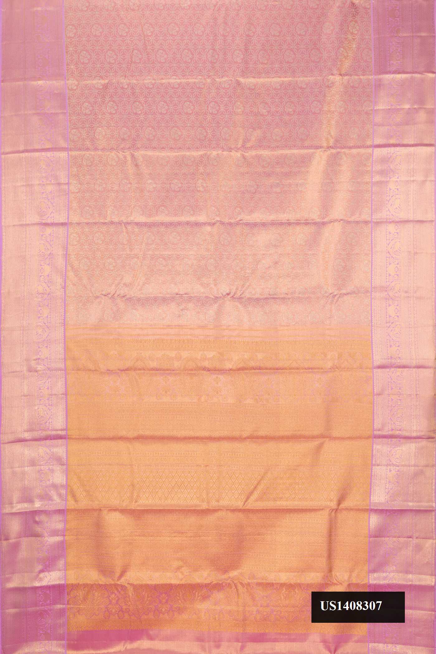 Lavender Dual Tone Kanchipuram Tissue Silk Saree with Zari Brocade on the body and Zari Border.  displayed on a mannequin