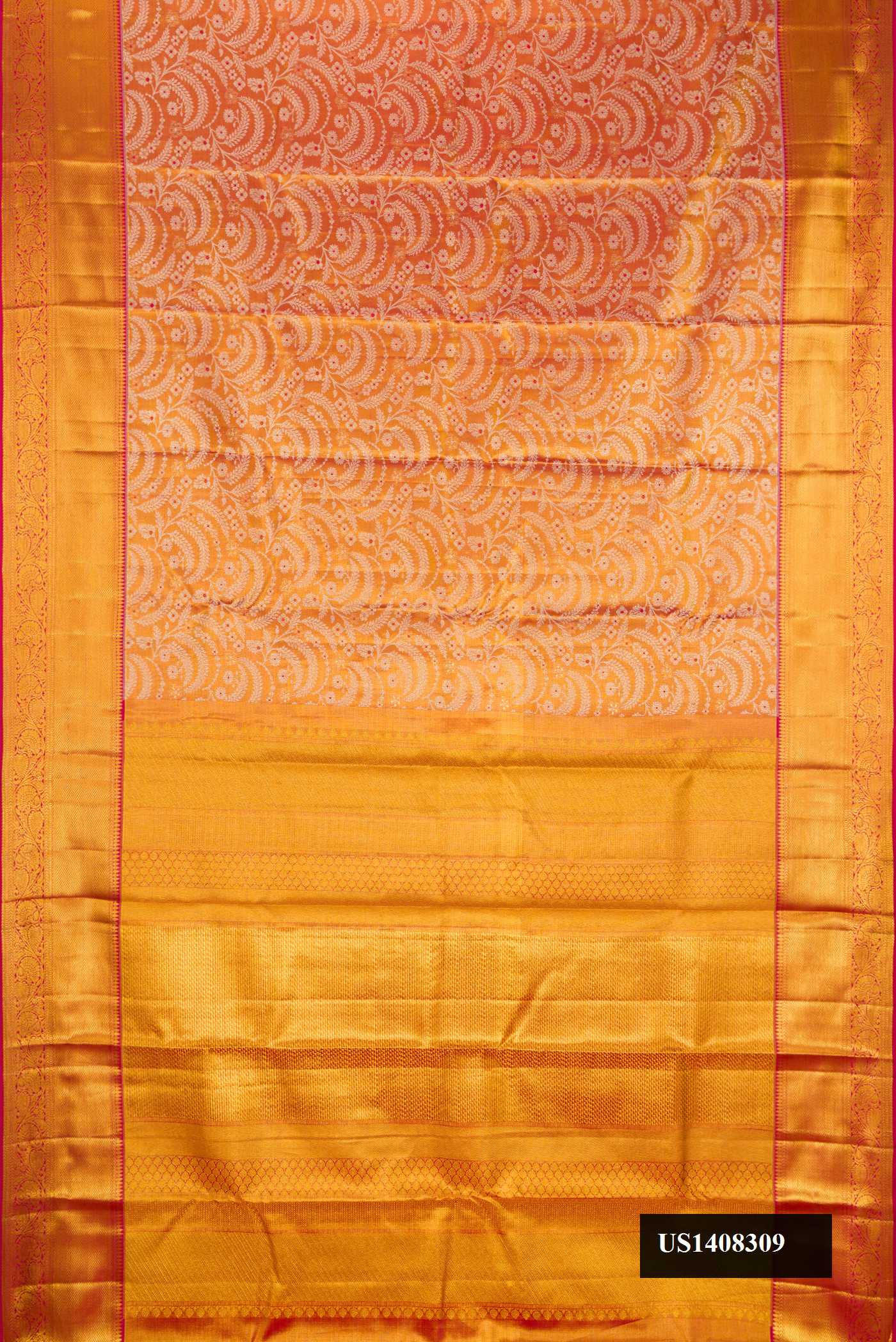 Red Dual Tone Kanchipuram Tissue Silk Saree with Zari Brocade on the body and Zari Border.  displayed on a mannequin