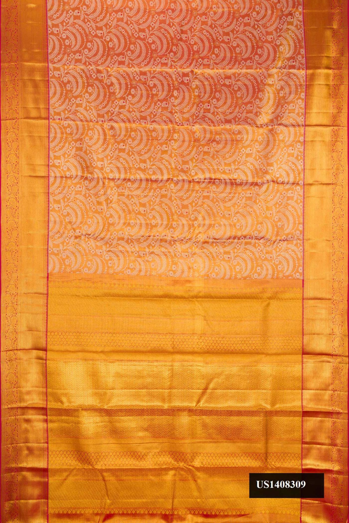 Red Dual Tone Kanchipuram Tissue Silk Saree with Zari Brocade on the body and Zari Border.  displayed on a mannequin