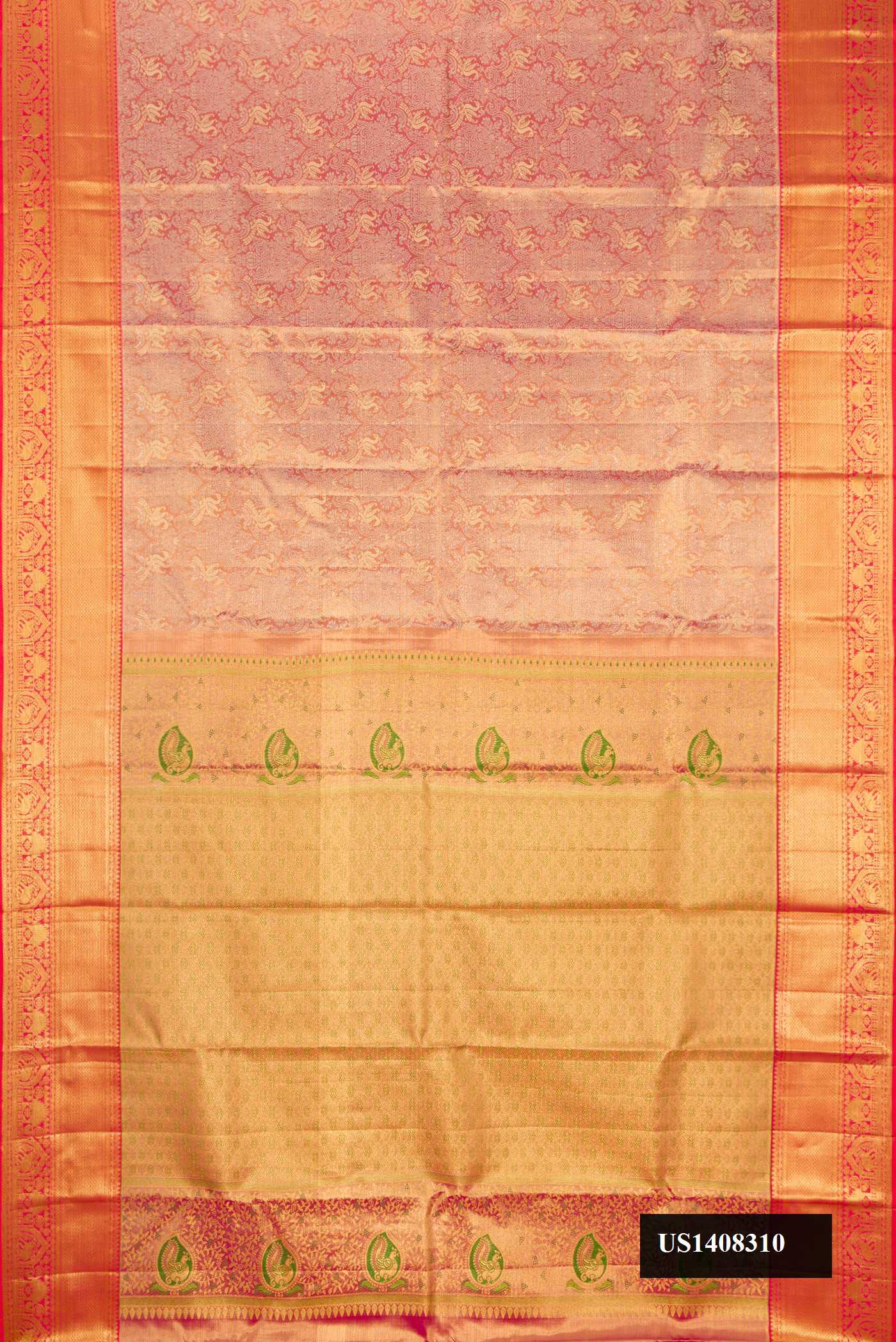 Pink Dual Tone Kanchipuram Tissue Silk Saree with Zari Brocade on the body and Zari Border.  displayed on a mannequin