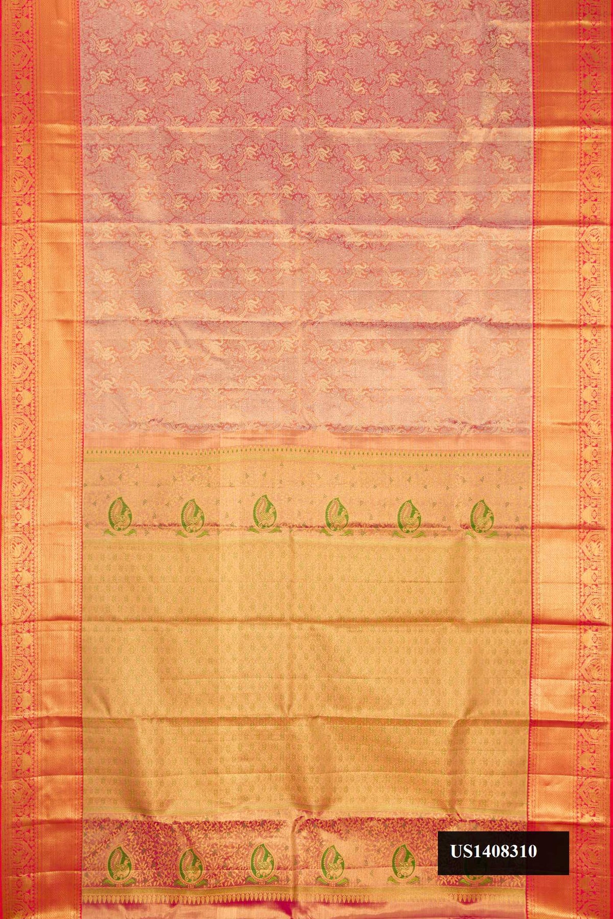 Pink Dual Tone Kanchipuram Tissue Silk Saree with Zari Brocade on the body and Zari Border.  displayed on a mannequin