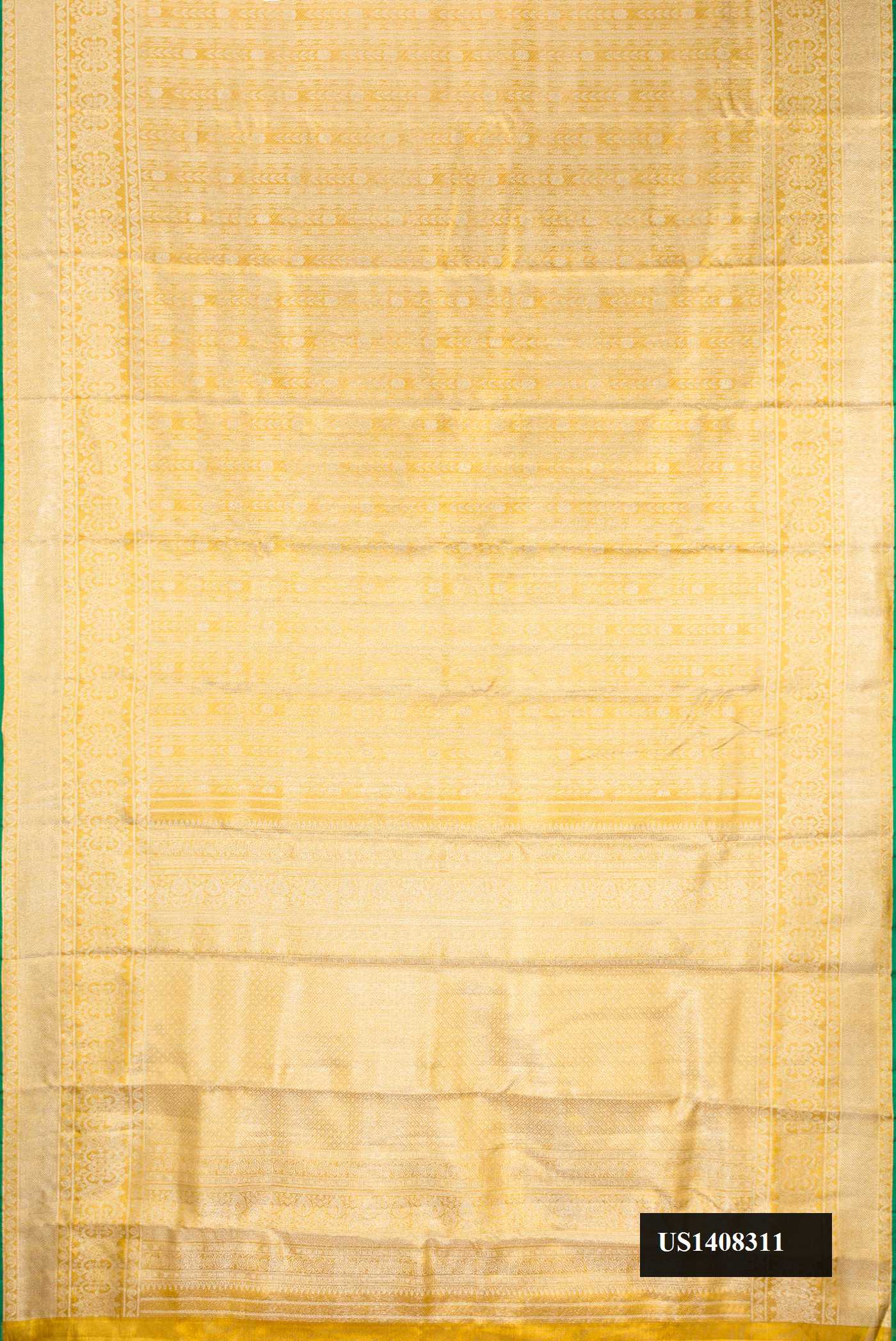 Gold Dual Tone Kanchipuram Tissue Silk Saree with Zari Brocade on the body and Zari Border.  displayed on a mannequin