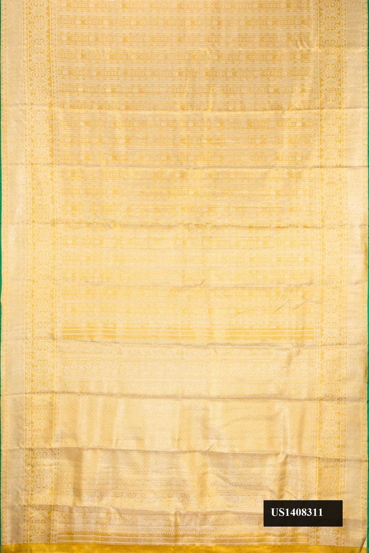 Gold Dual Tone Kanchipuram Tissue Silk Saree with Zari Brocade on the body and Zari Border.  displayed on a mannequin