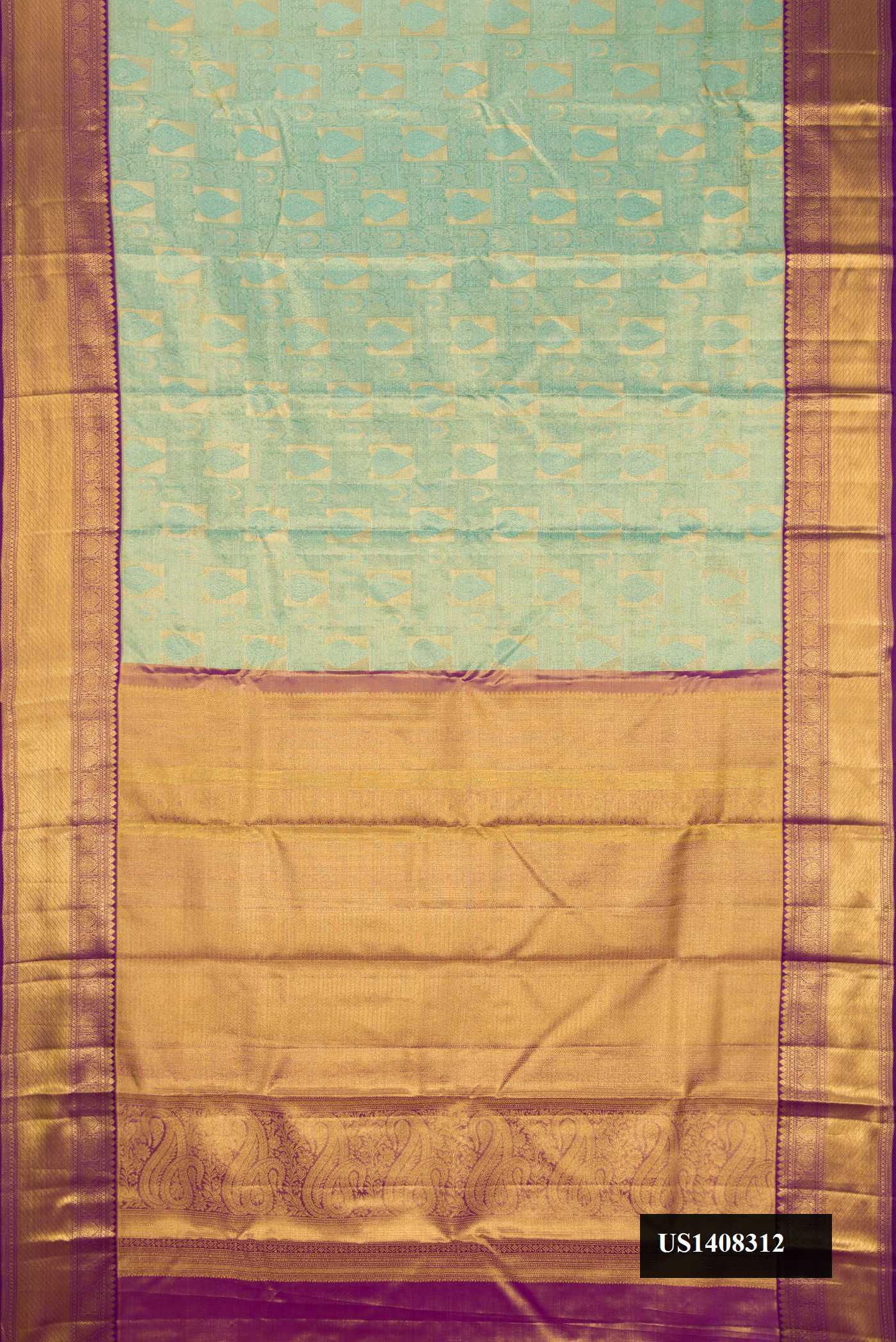 Sea Green Dual Tone Kanchipuram Tissue Silk Saree with Zari Brocade on the body and Zari Border.  displayed on a mannequin