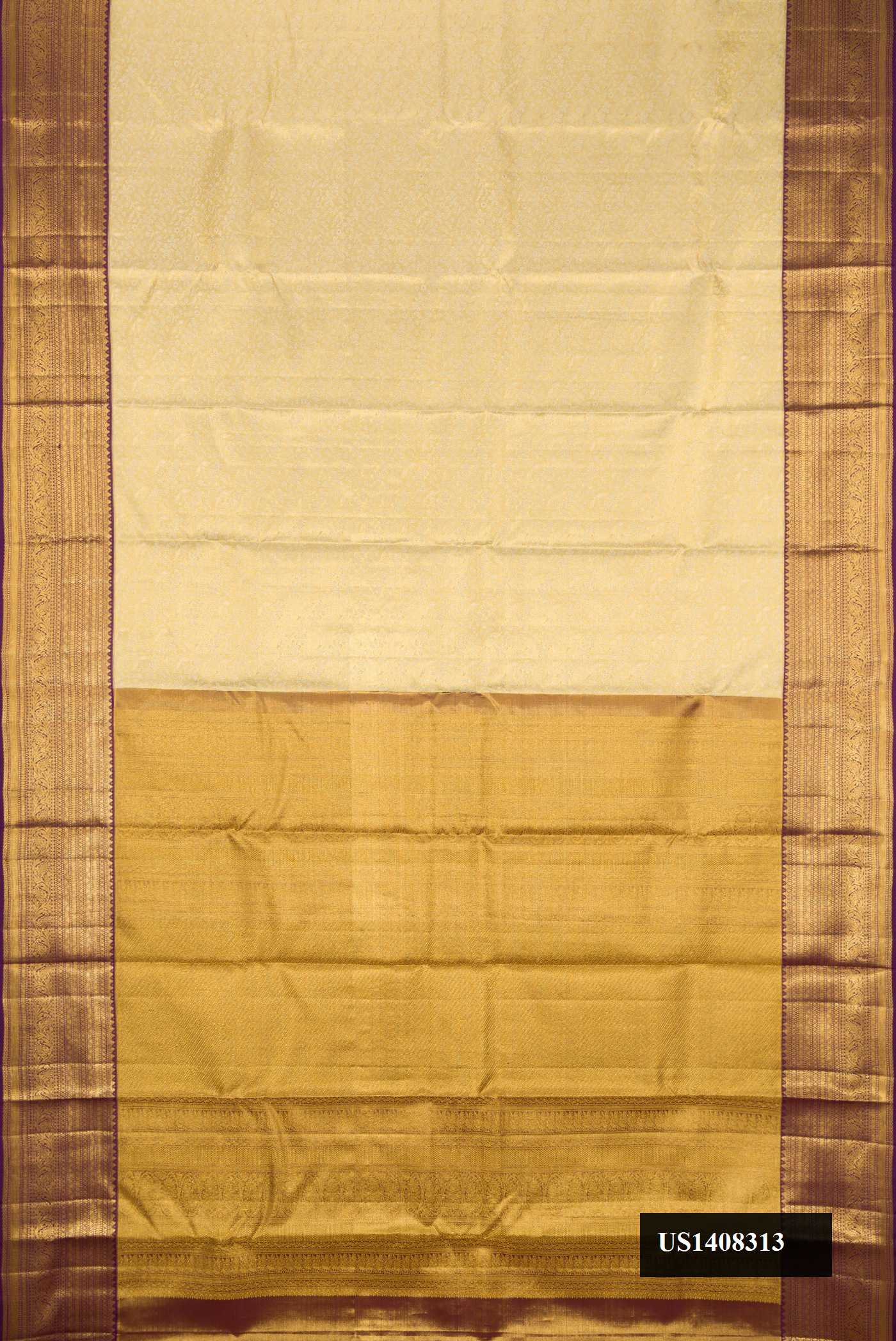 Gold Dual Tone Kanchipuram Tissue Silk Saree with Zari Brocade on the body and Zari Border.  displayed on a mannequin