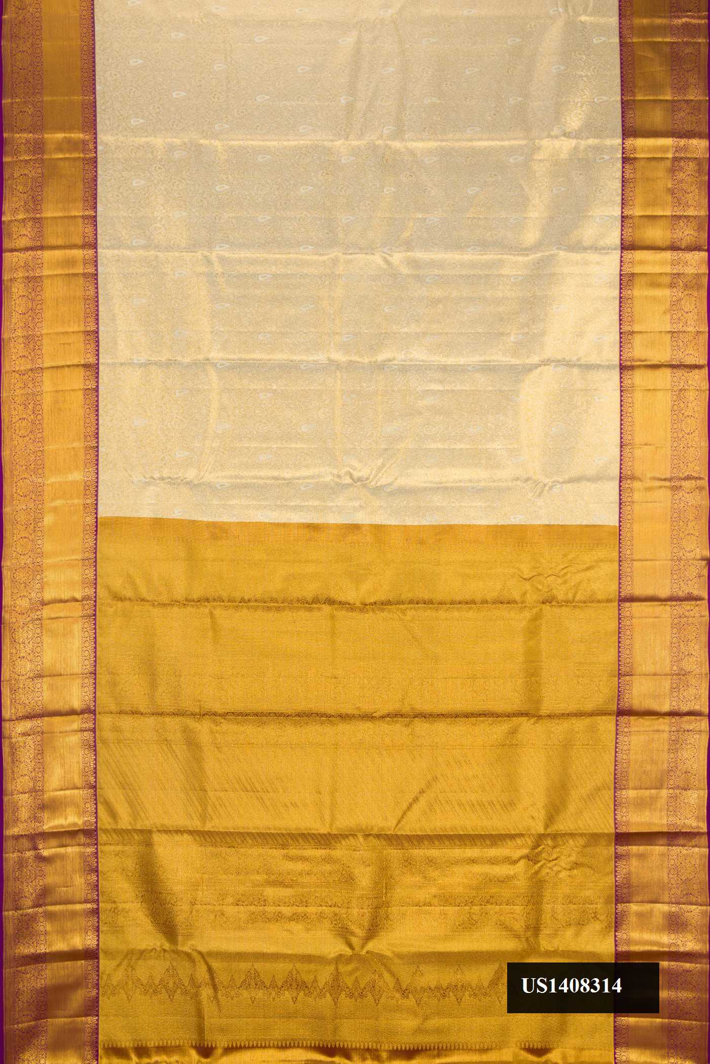 Gold Dual Tone Kanchipuram Tissue Silk Saree with Zari Brocade on the body and Zari Border.  displayed on a mannequin