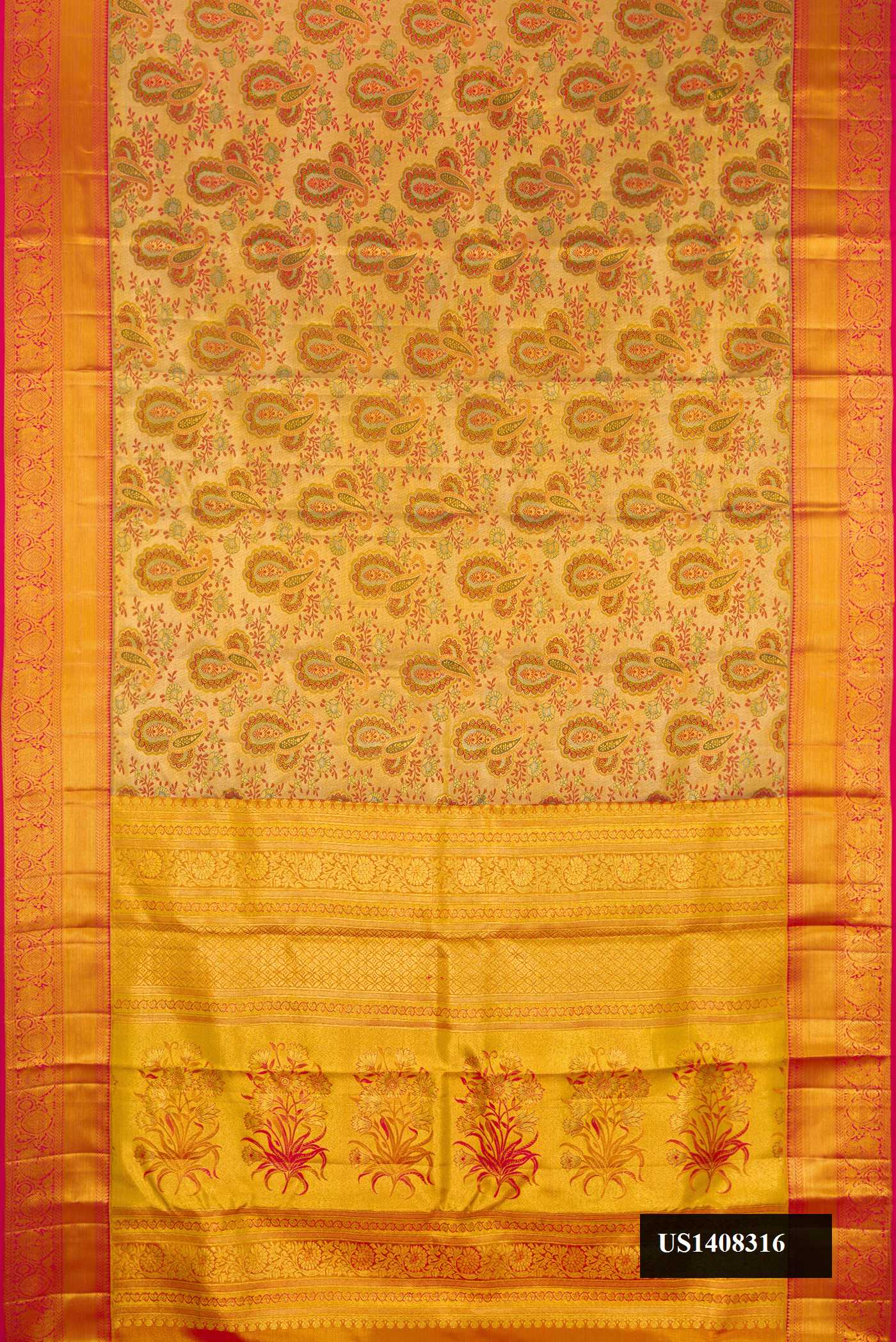 Gold Dual Tone Kanchipuram Tissue Silk Saree with Zari Brocade on the body and Zari Border.  displayed on a mannequin
