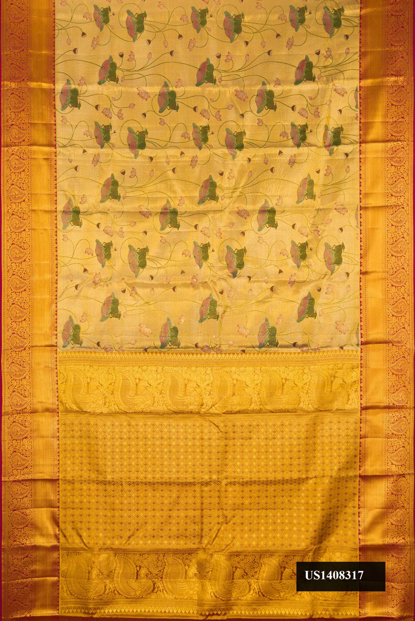 Gold Dual Tone Kanchipuram Tissue Silk Saree with Zari Brocade on the body and Zari Border.  displayed on a mannequin