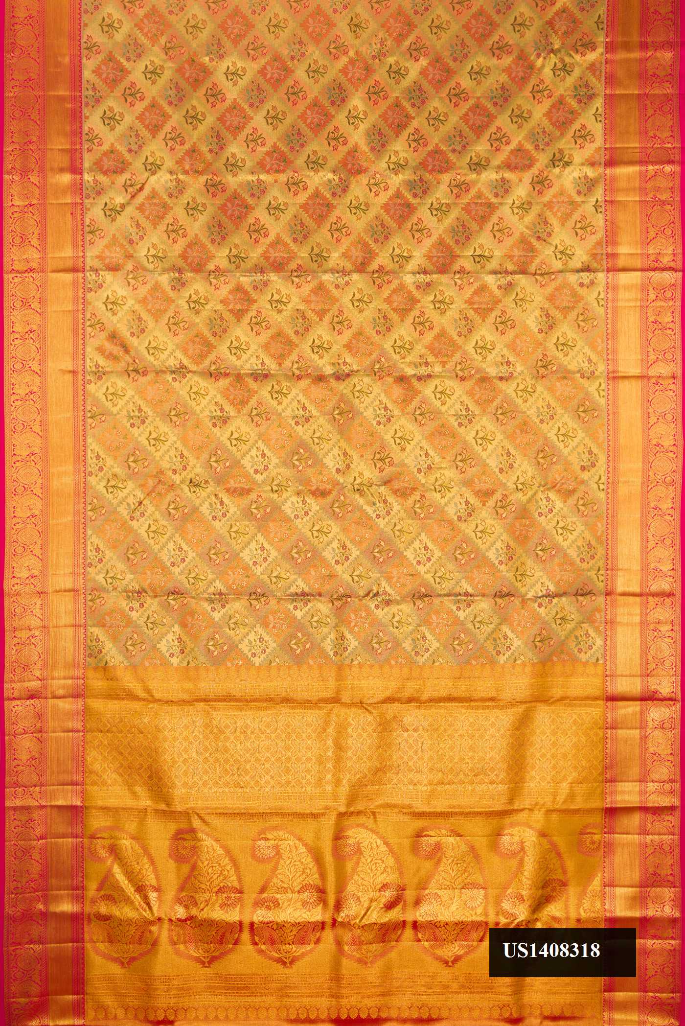 Gold Dual Tone Kanchipuram Tissue Silk Saree with Zari Brocade on the body and Zari Border.  displayed on a mannequin