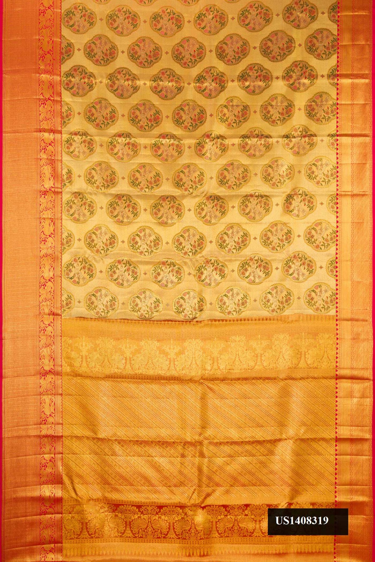 Gold Dual Tone Kanchipuram Tissue Silk Saree with Zari Brocade on the body and Zari Border.  displayed on a mannequin