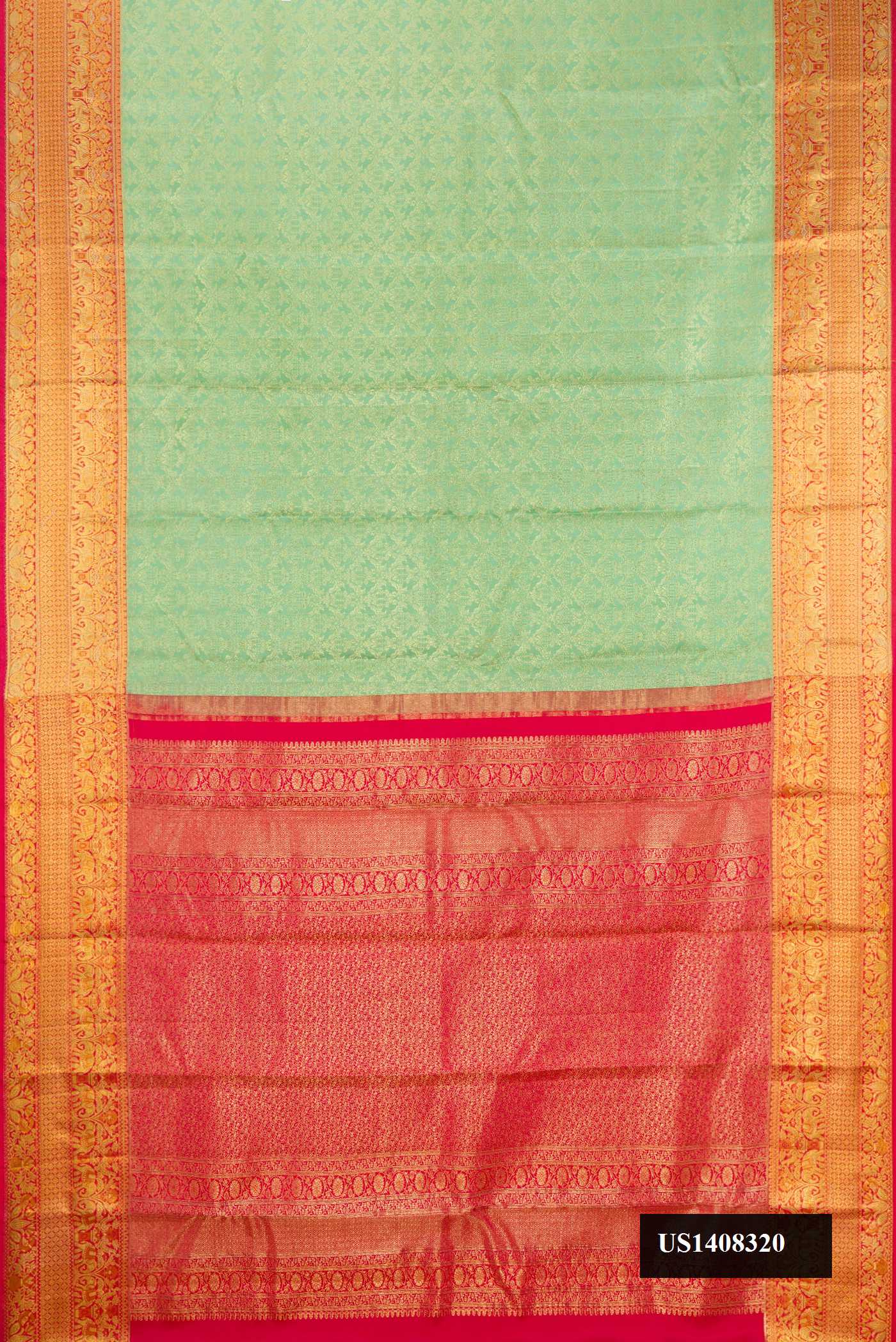Sea Green Dual Tone Kanchipuram Tissue Silk Saree with Zari Brocade on the body and Zari Border.  displayed on a mannequin
