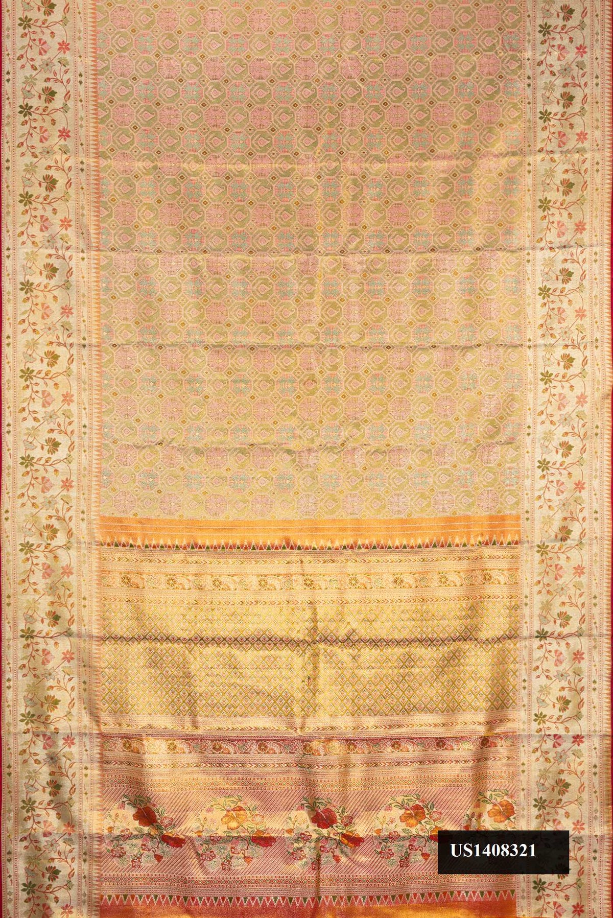 Gold Dual Tone Kanchipuram Tissue Silk Saree with Zari Brocade on the body and Zari Border.  displayed on a mannequin
