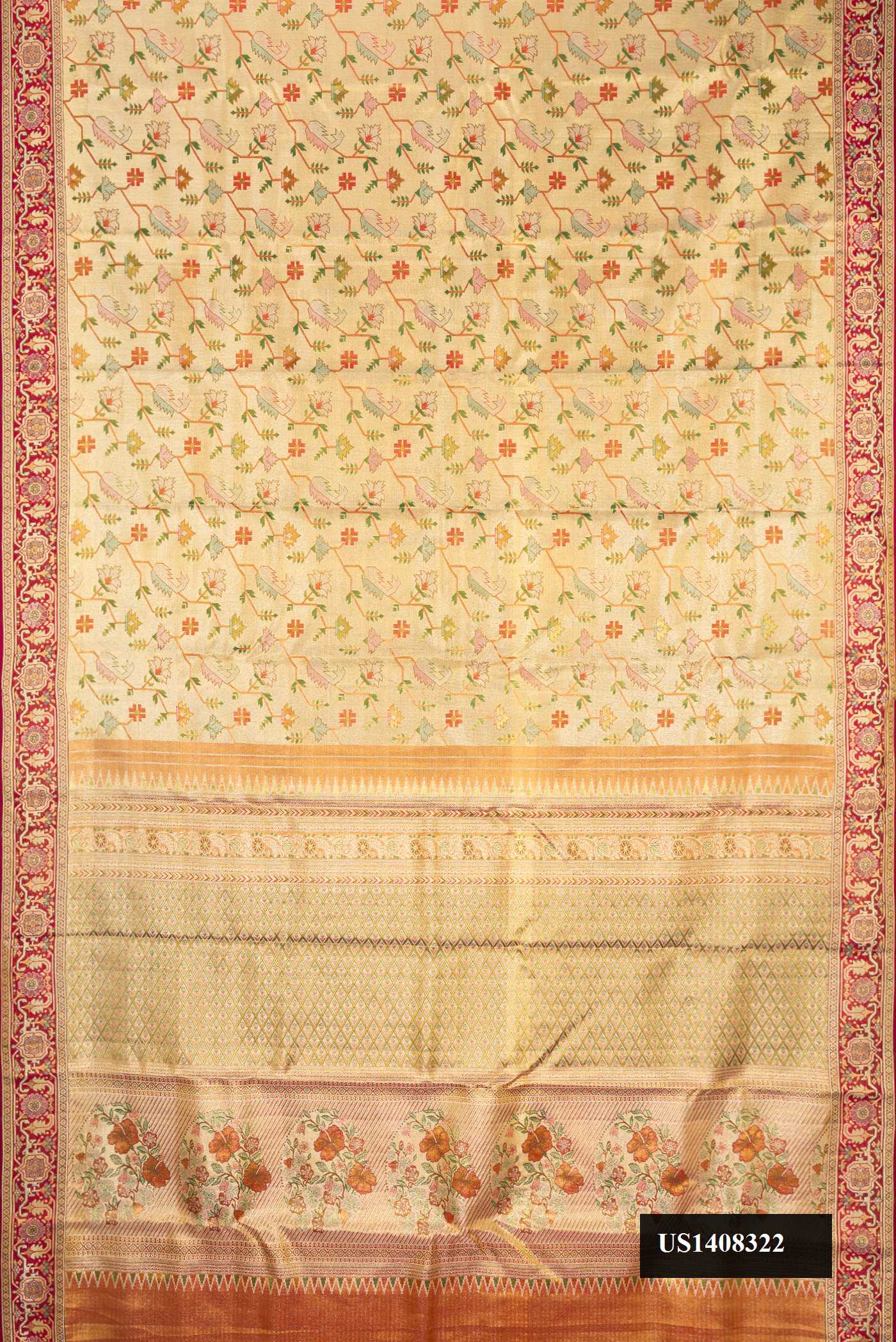 Gold Dual Tone Kanchipuram Tissue Silk Saree with Zari Brocade on the body and Zari Border.  displayed on a mannequin