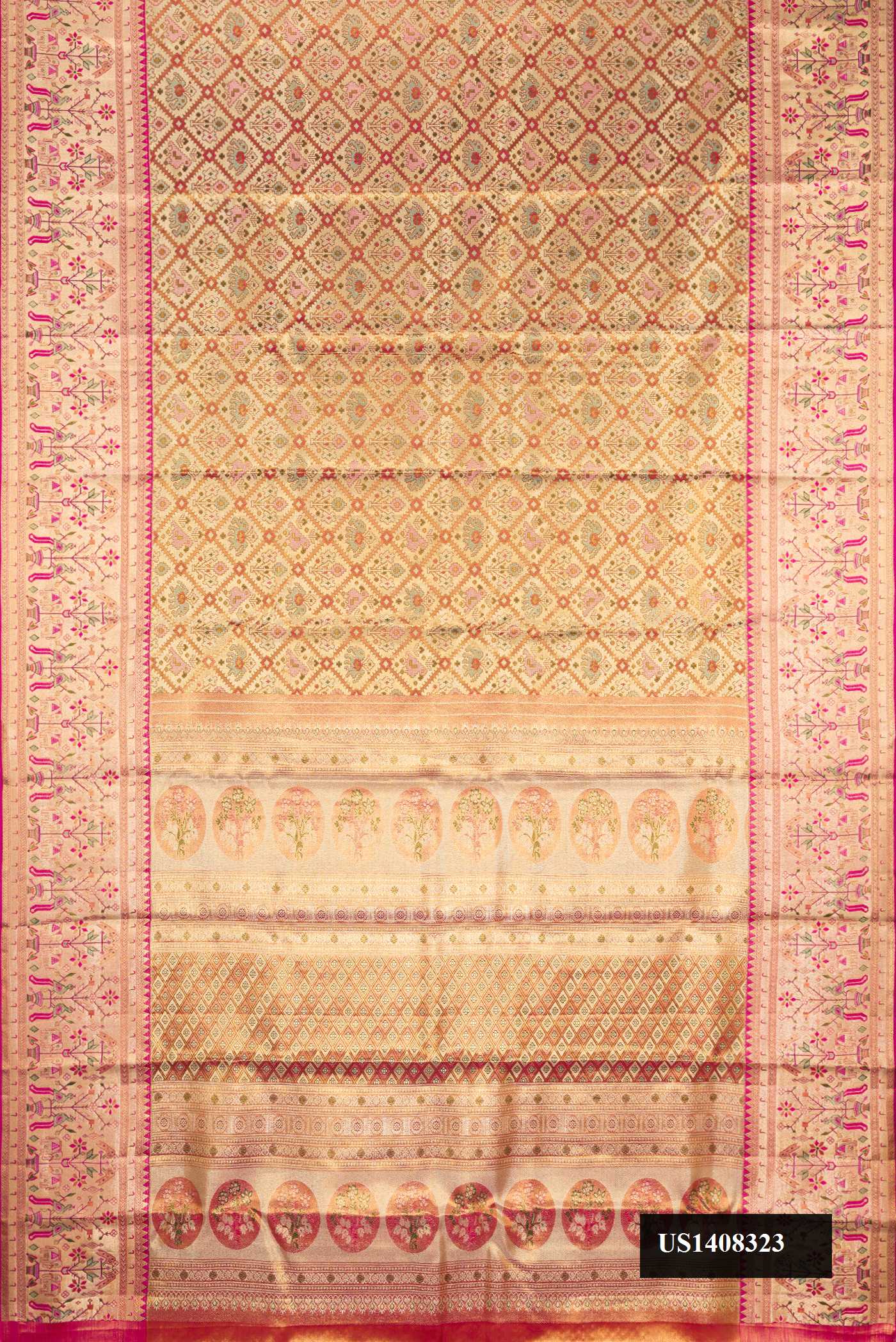 Gold Dual Tone Kanchipuram Tissue Silk Saree with Zari Brocade on the body and Zari Border.  displayed on a mannequin