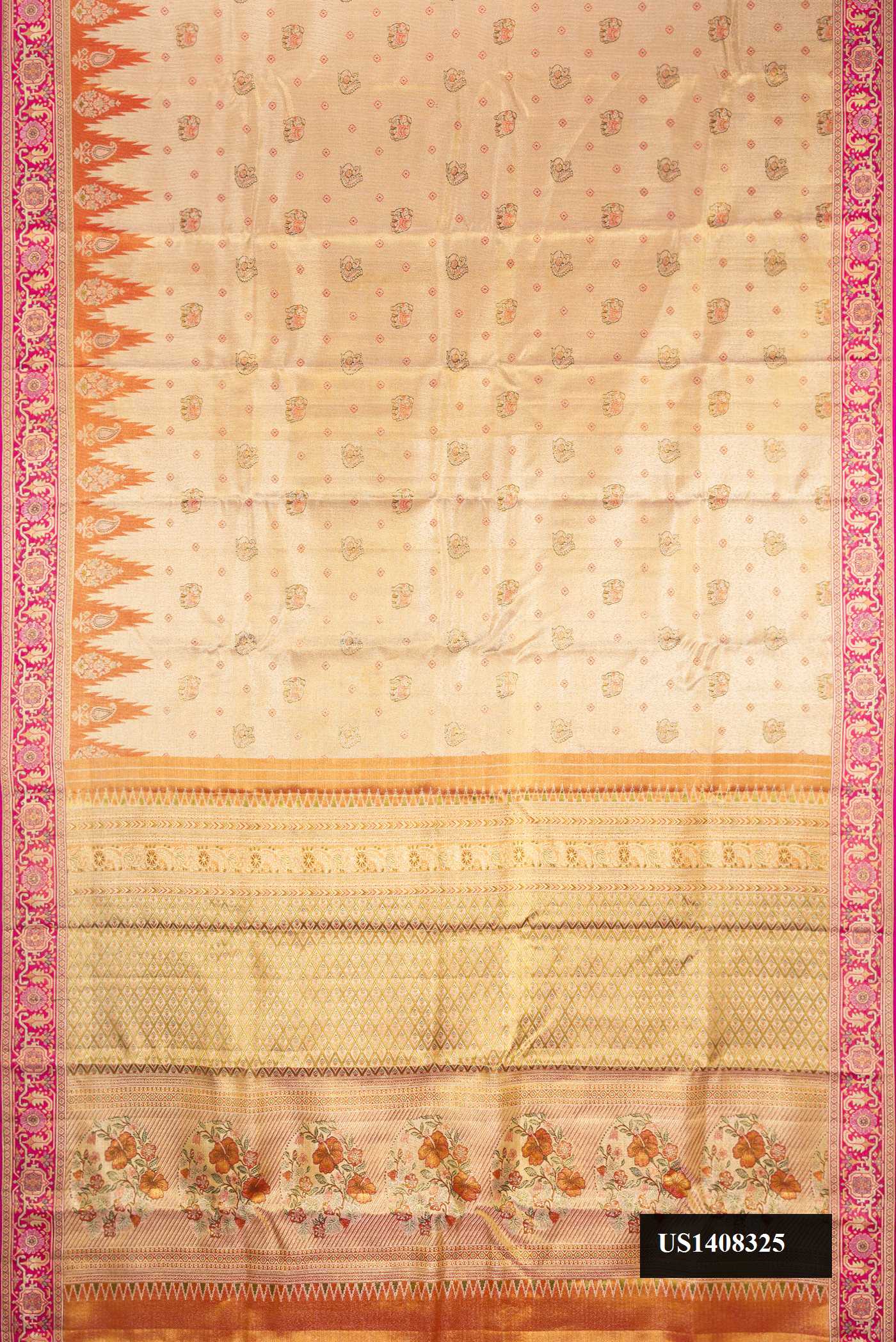 Gold Dual Tone Kanchipuram Tissue Silk Saree with Zari Brocade on the body and Zari Border.  displayed on a mannequin