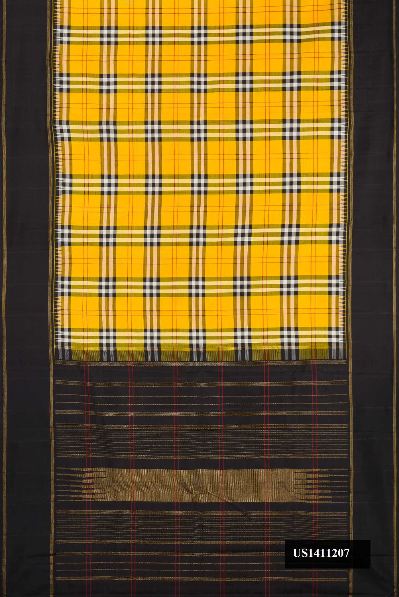 Black and Yellow Dual Tone Kanchipuram Silk Saree with Checked design on the body and Zari Border.  displayed on a mannequin