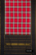 Black and Red Dual Tone Kanchipuram Silk Saree with Checked design on the body and Zari Border.  displayed on a mannequin