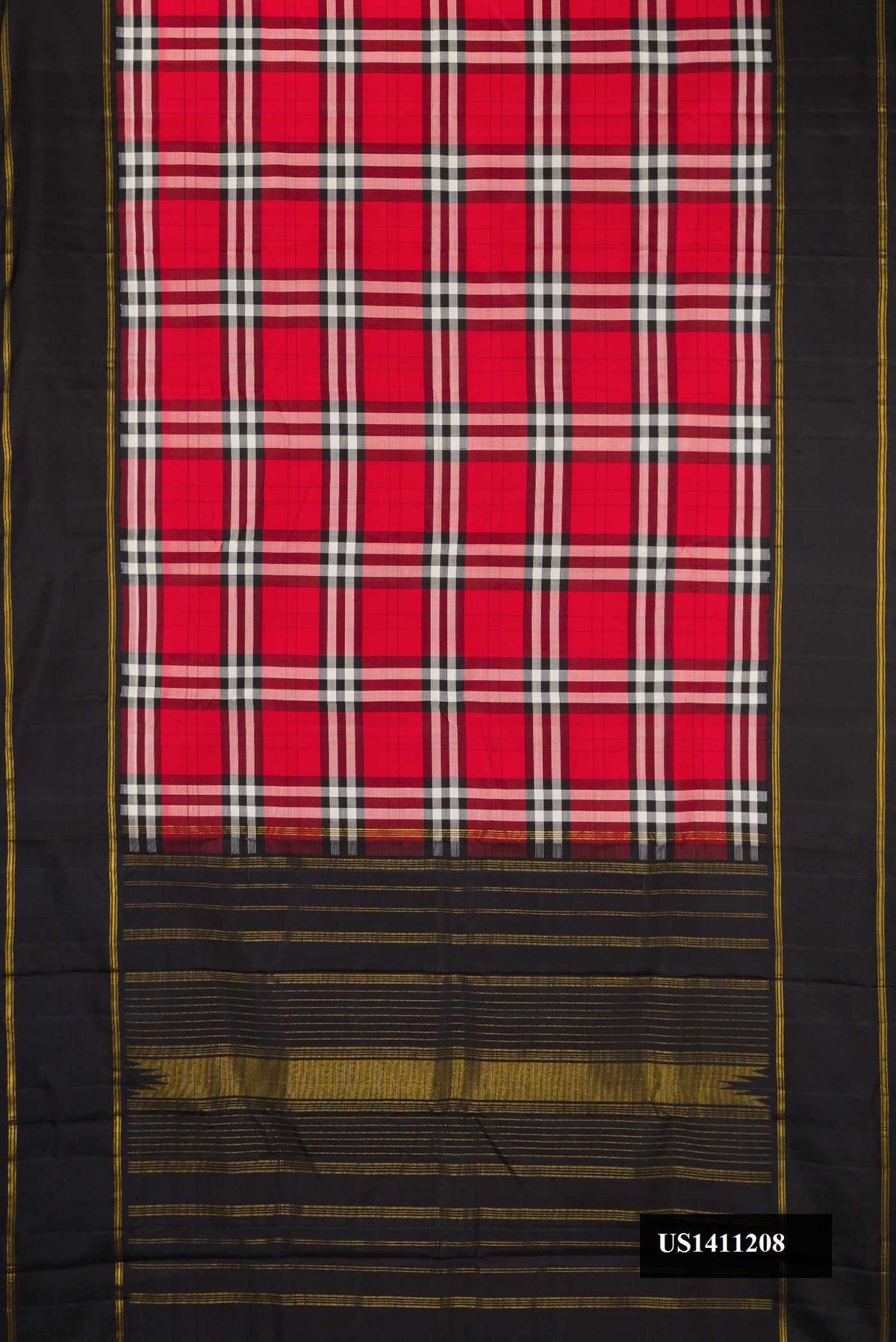 Black and Red Dual Tone Kanchipuram Silk Saree with Checked design on the body and Zari Border.  displayed on a mannequin