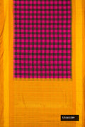 Black and Magenta Dual Tone Kanchipuram Silk Saree with Checked design on the body and Zari Border.  displayed on a mannequin