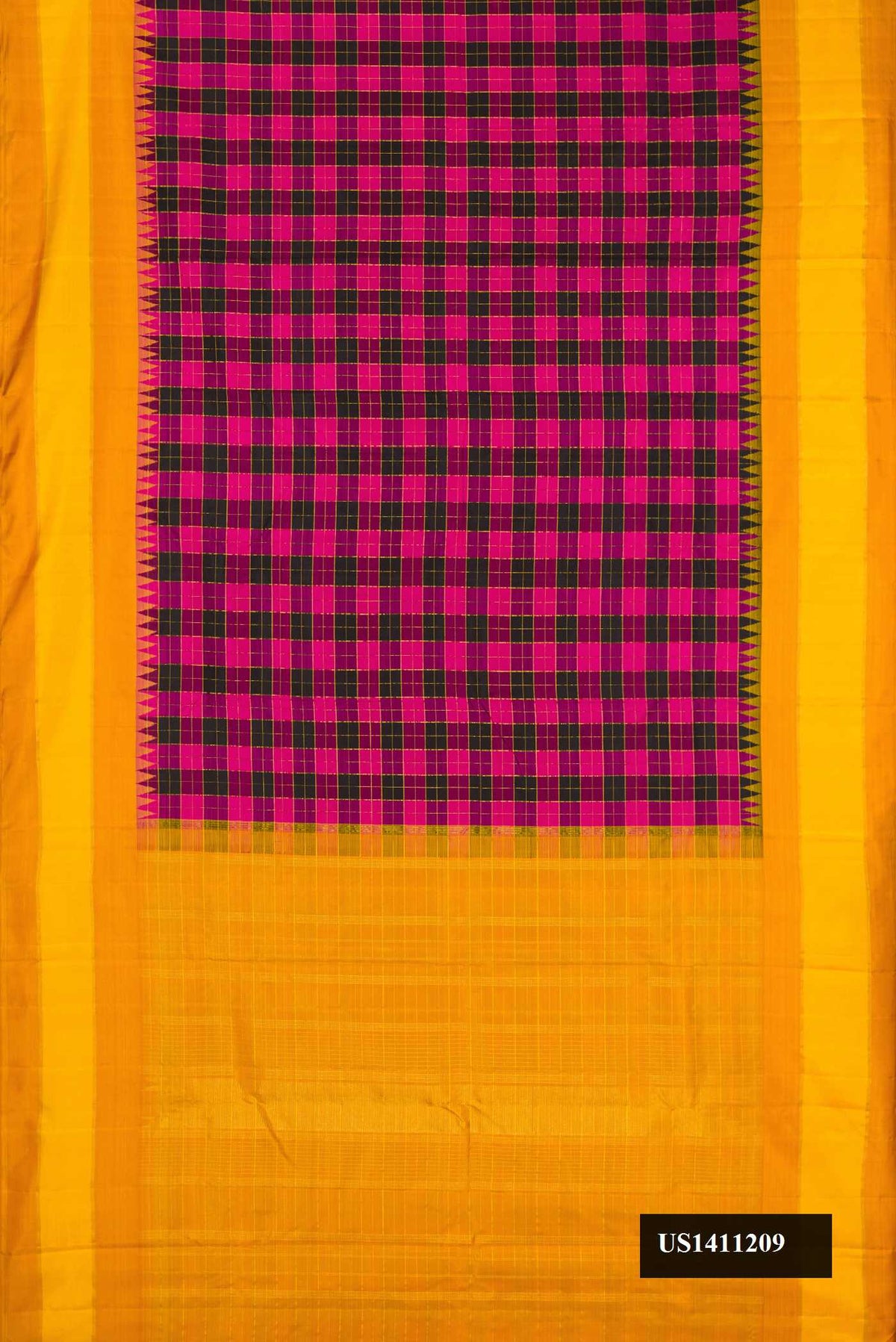 Black and Magenta Dual Tone Kanchipuram Silk Saree with Checked design on the body and Zari Border.  displayed on a mannequin