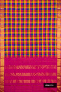 Multi Dual Tone Kanchipuram Silk Saree with Checked design on the body and Zari Border.  displayed on a mannequin