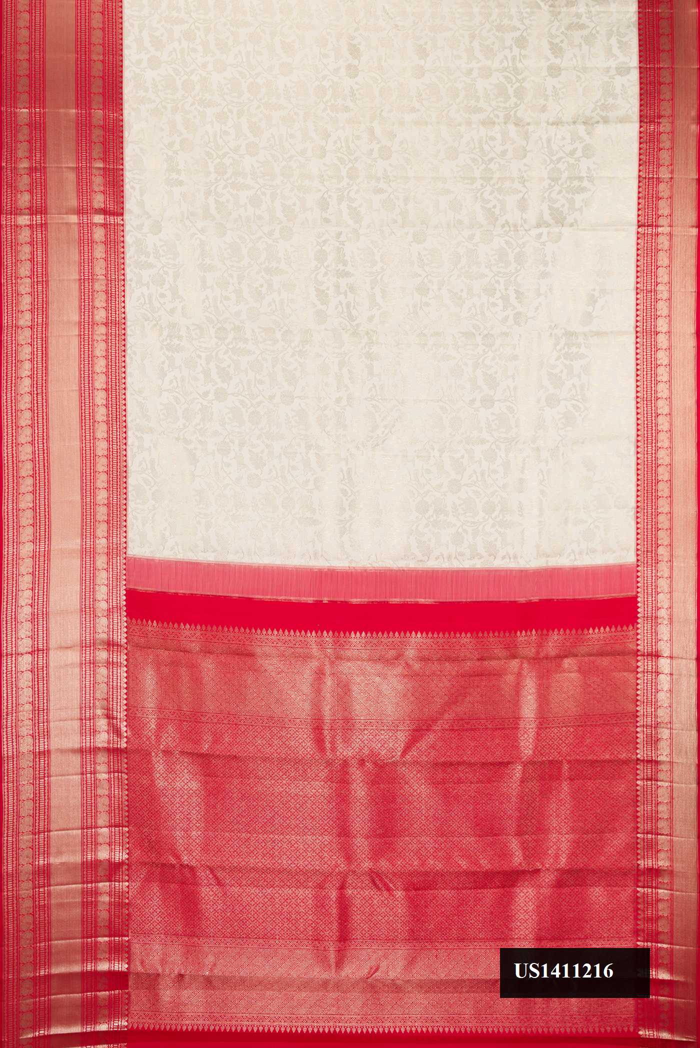 Off White Dual Tone Kanchipuram Silk Saree with Zari Brocade on the body and Fancy Border.  displayed on a mannequin