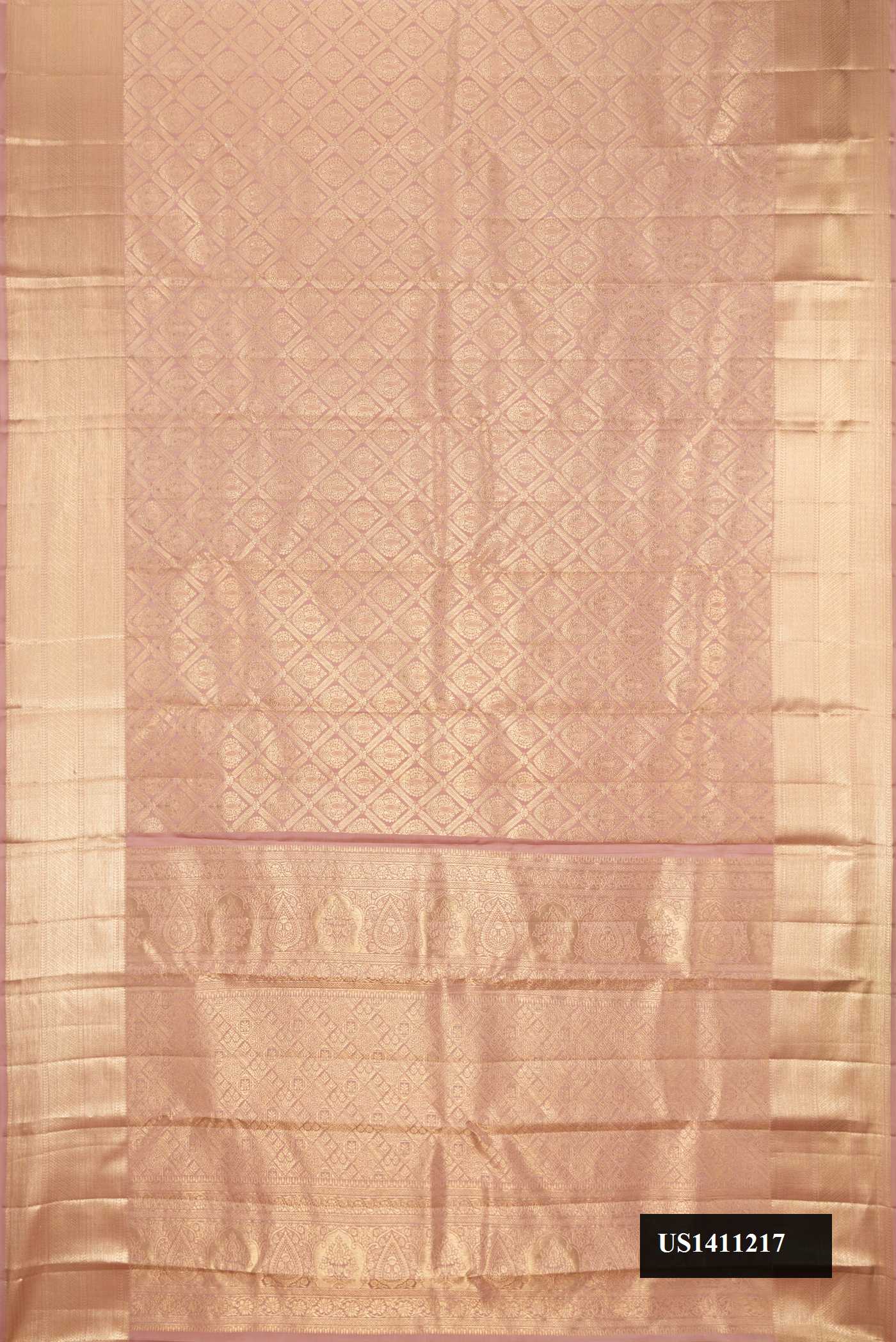 Dark Beige Dual Tone Kanchipuram Silk Saree with Zari Brocade on the body and Zari Border.  displayed on a mannequin