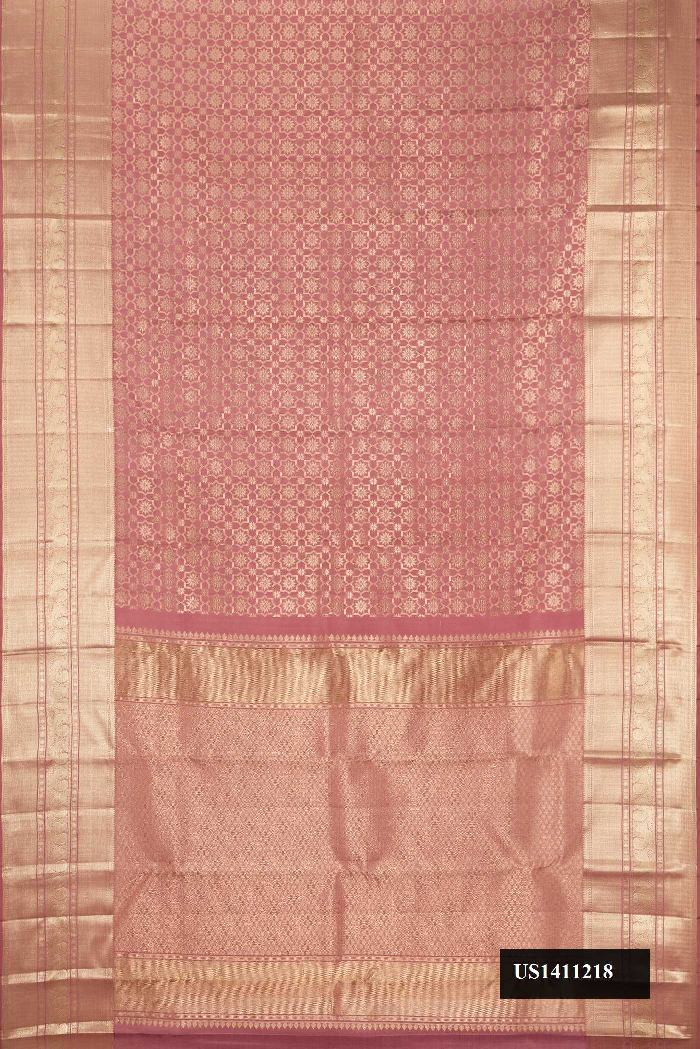 Rose Gold Dual Tone Kanchipuram Silk Saree with Zari Brocade on the body and Fancy Border.  displayed on a mannequin