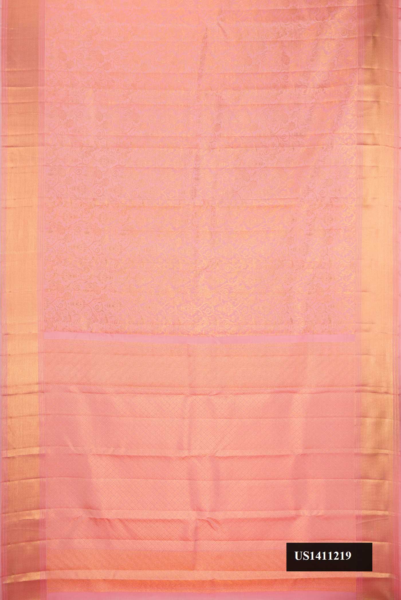 Pink Dual Tone Kanchipuram Silk Saree with Zari Brocade on the body and Zari Border.  displayed on a mannequin