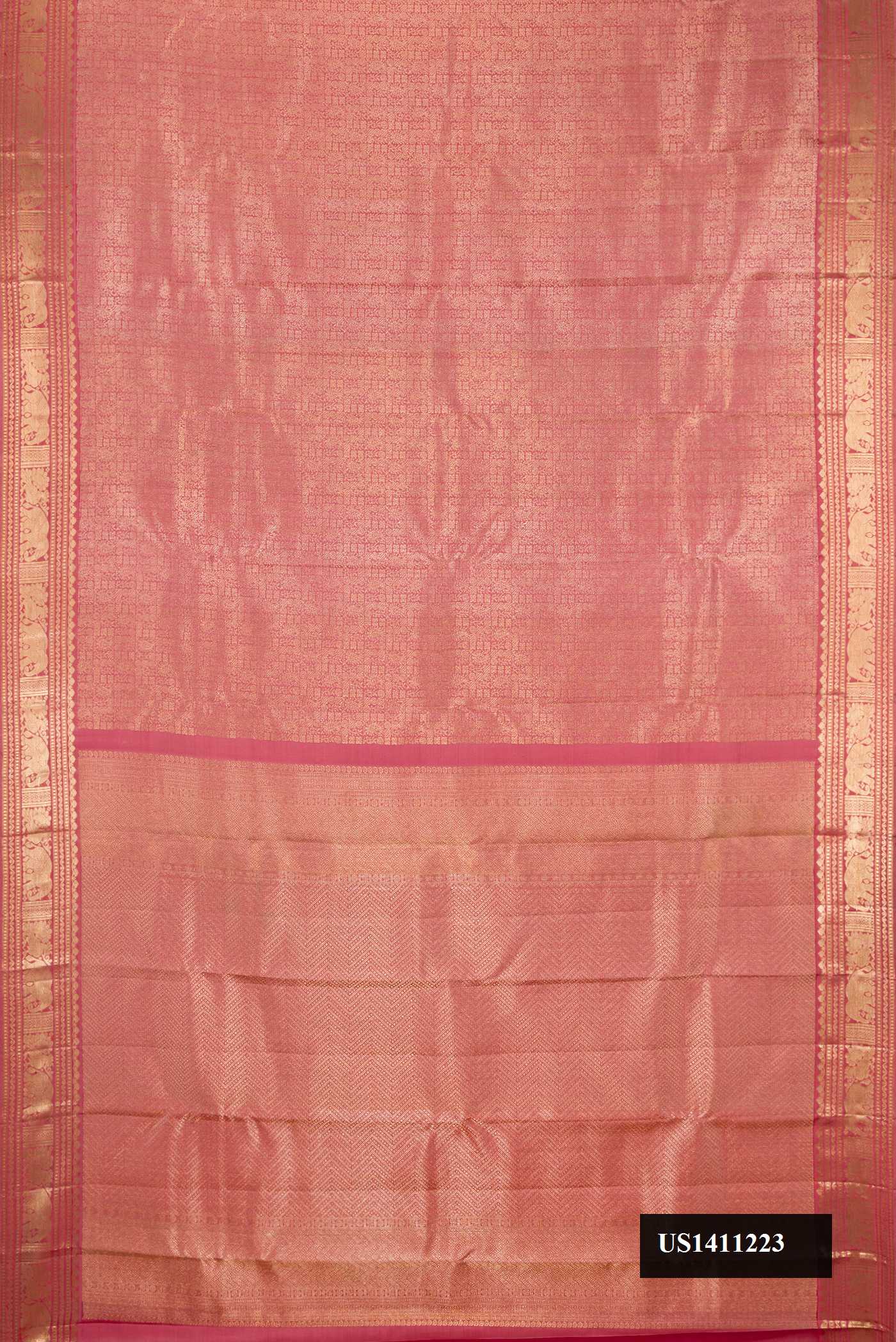 Rose Gold Dual Tone Kanchipuram Silk Saree with Zari Brocade on the body and Fancy Border.  displayed on a mannequin