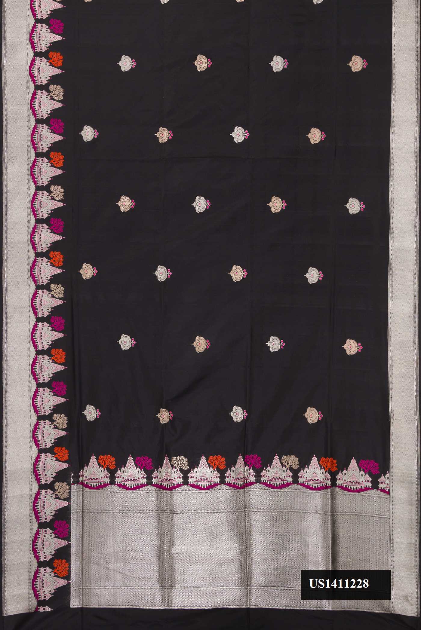 Black Dual Tone Banarasi Silk Saree with Zari Butta on the body and Fancy Border.  displayed on a mannequin