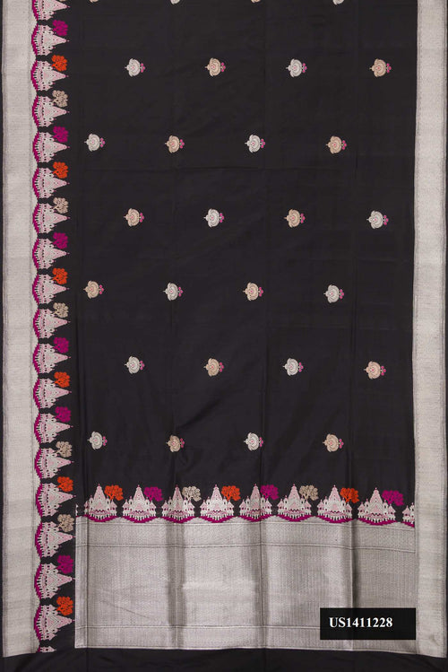 Black Dual Tone Banarasi Silk Saree with Zari Butta on the body and Fancy Border.  displayed on a mannequin