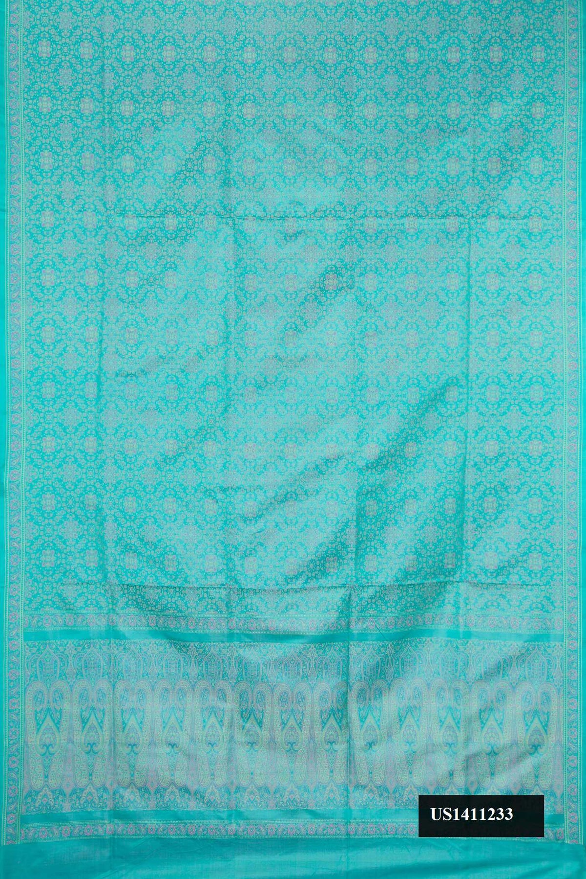 Sky Blue Dual Tone Banarasi Silk Saree with Jacquard design on the body and Fancy Border.  displayed on a mannequin