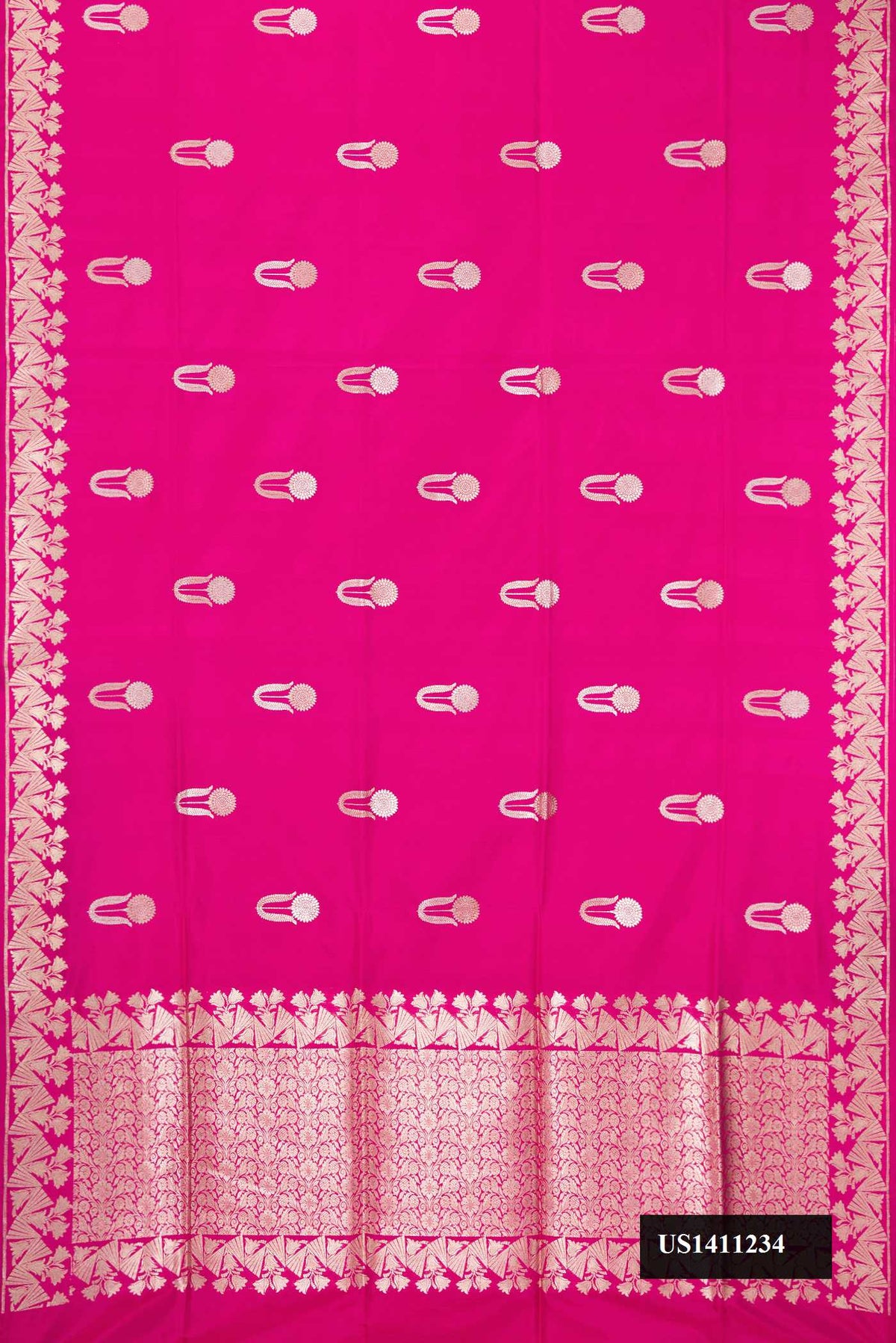 Rani Pink Dual Tone Banarasi Silk Saree with Zari Butta on the body and Fancy Border.  displayed on a mannequin