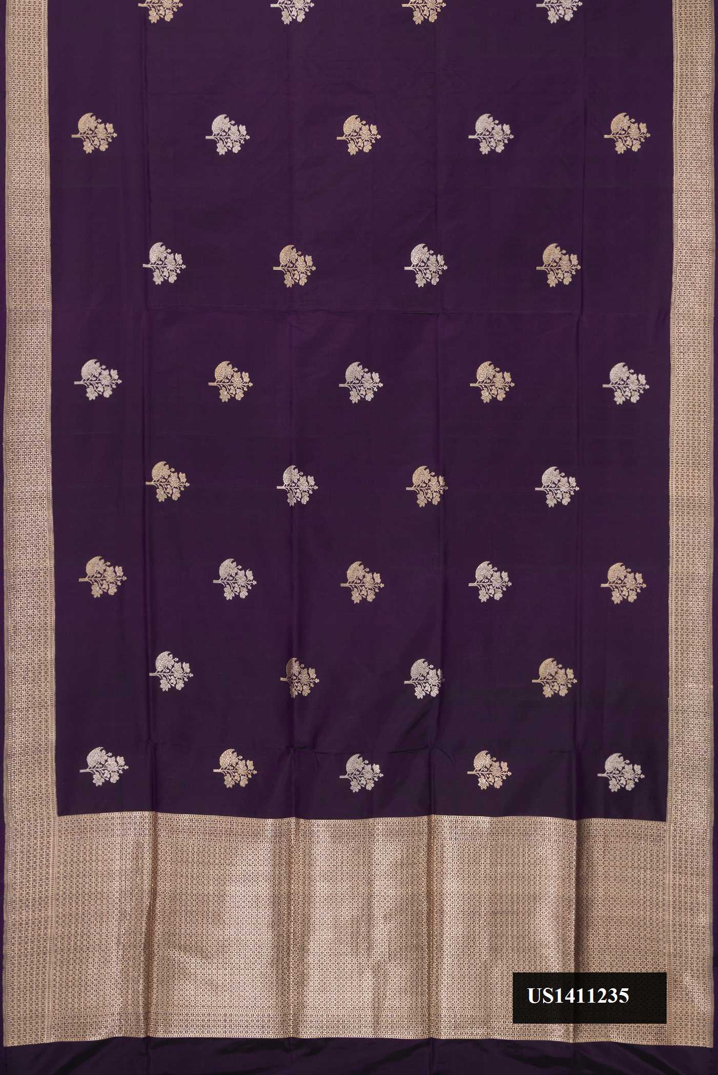 Violet Dual Tone Banarasi Silk Saree with Zari Butta on the body and Fancy Border.  displayed on a mannequin