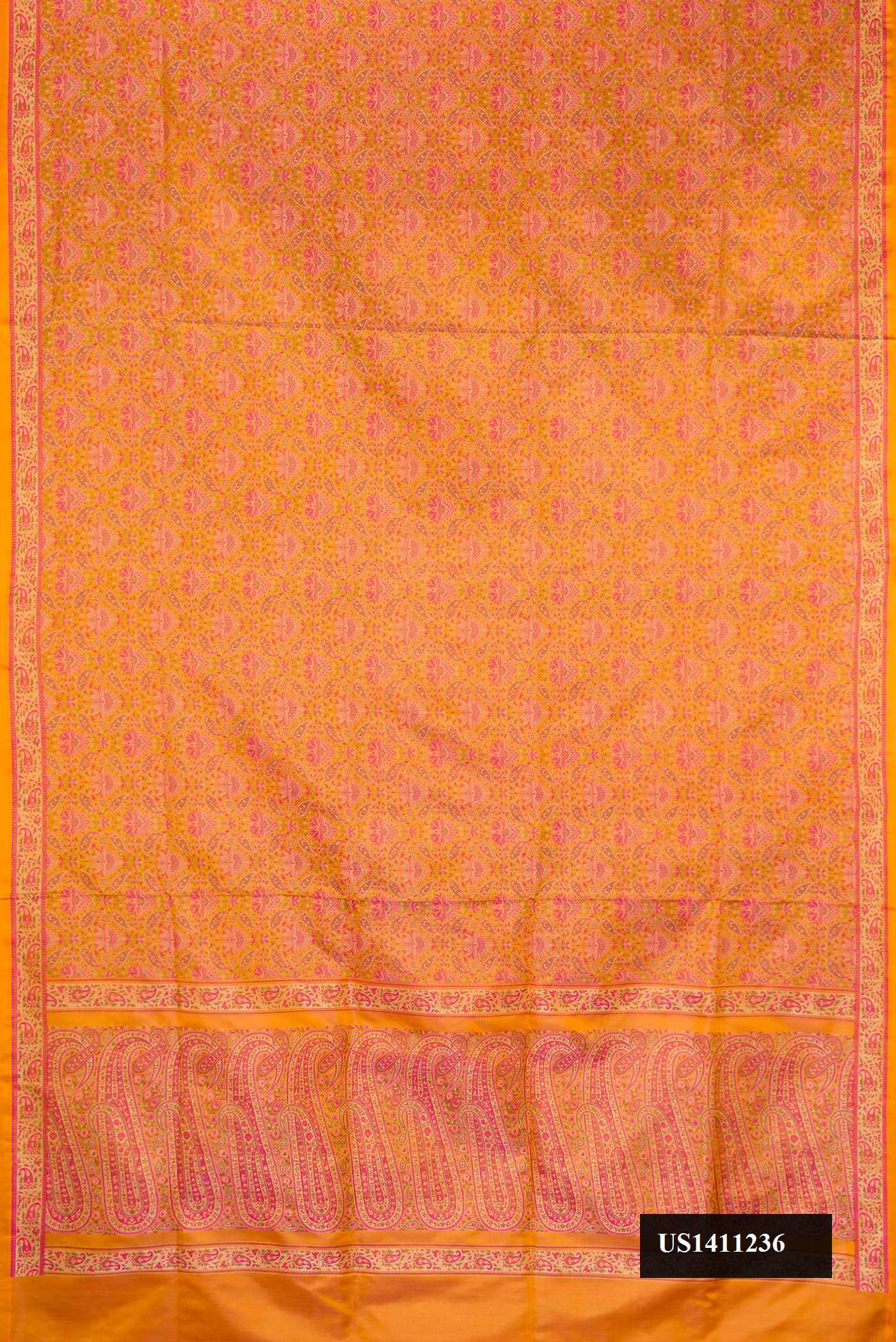 Mustard Dual Tone Banarasi Silk Saree with Jacquard design on the body and Fancy Border.  displayed on a mannequin