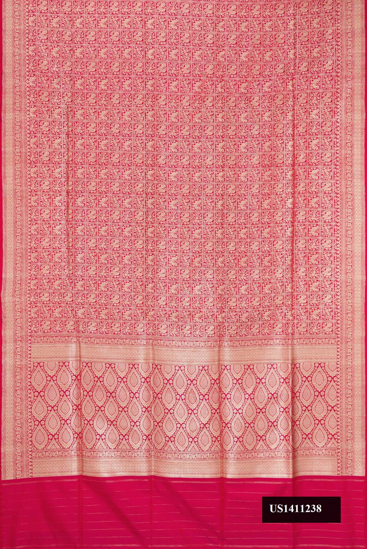 Dark Pink Dual Tone Banarasi Silk Saree with Zari Brocade on the body and Fancy Border.  displayed on a mannequin