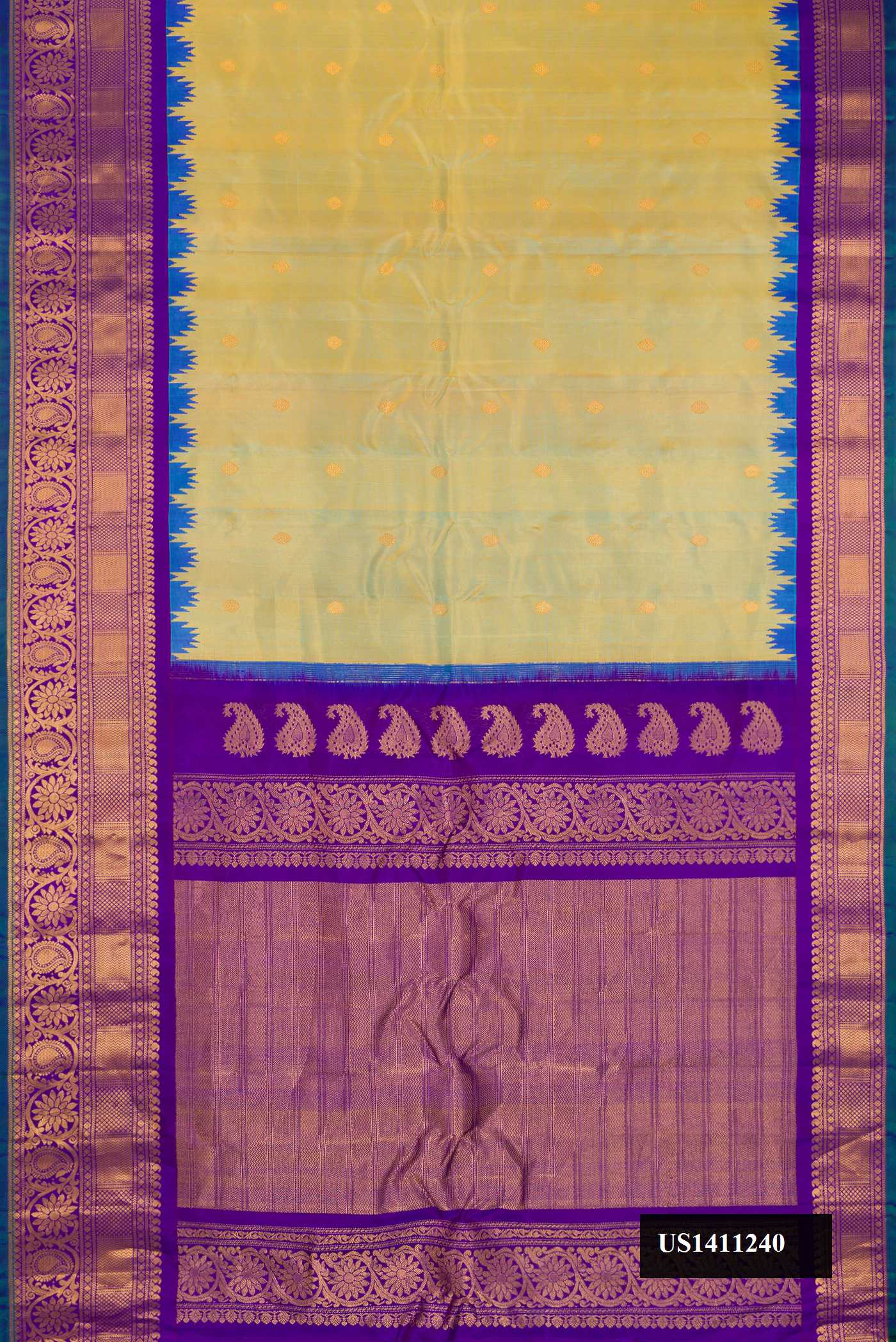 Mehandi Green Dual Tone Gadwal Silk Saree with Zari Butta on the body and Fancy Border.  displayed on a mannequin
