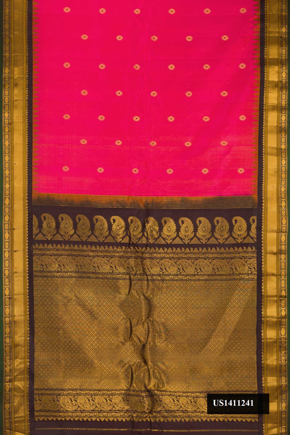 Dark Pink Dual Tone Gadwal Silk Saree with Zari And Thread Butta on the body and Temple Border.  displayed on a mannequin