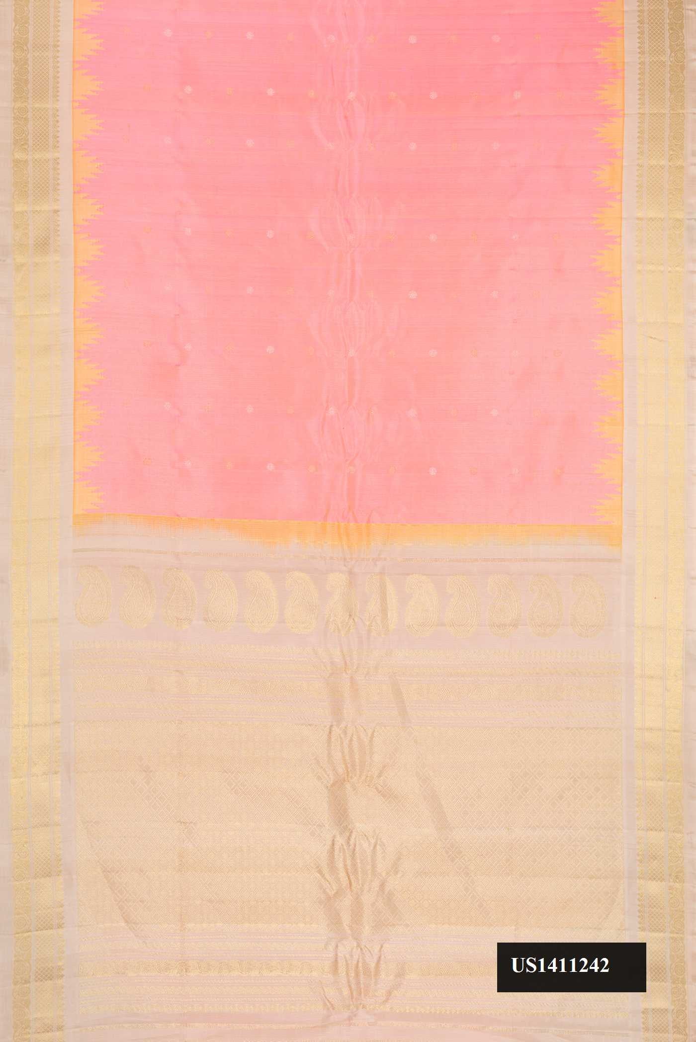 Peach Dual Tone Gadwal Silk Saree with Zari Butta on the body and Fancy Border.  displayed on a mannequin