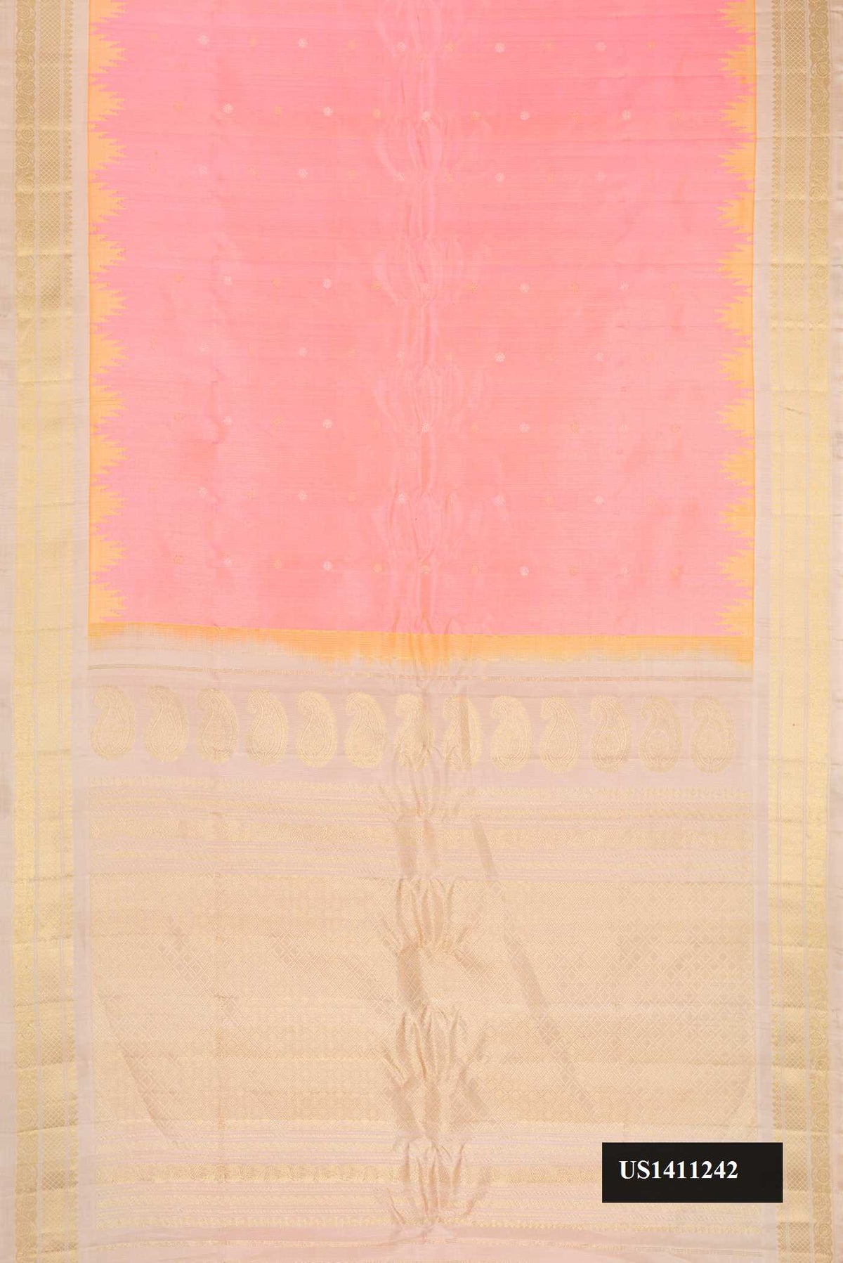 Peach Dual Tone Gadwal Silk Saree with Zari Butta on the body and Fancy Border.  displayed on a mannequin