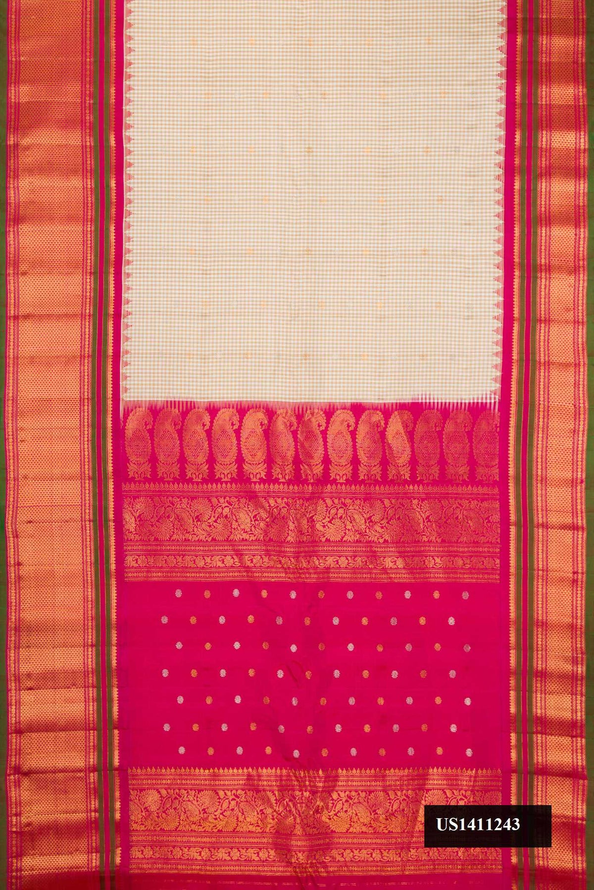 Off White Dual Tone Gadwal Silk Saree with Checked design on the body and Temple Border.  displayed on a mannequin