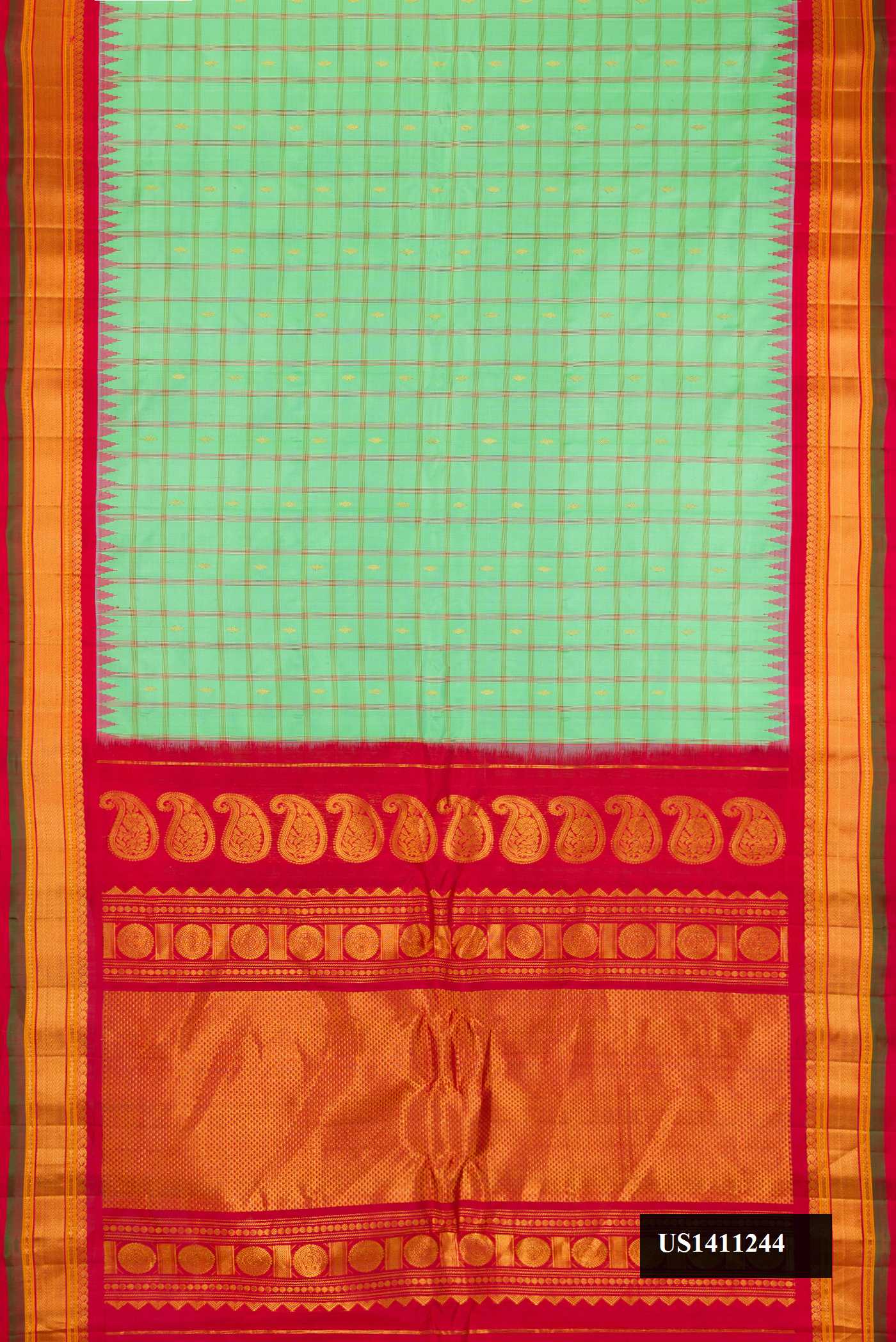 Pista Green Dual Tone Gadwal Silk Saree with Checked design on the body and Fancy Border.  displayed on a mannequin