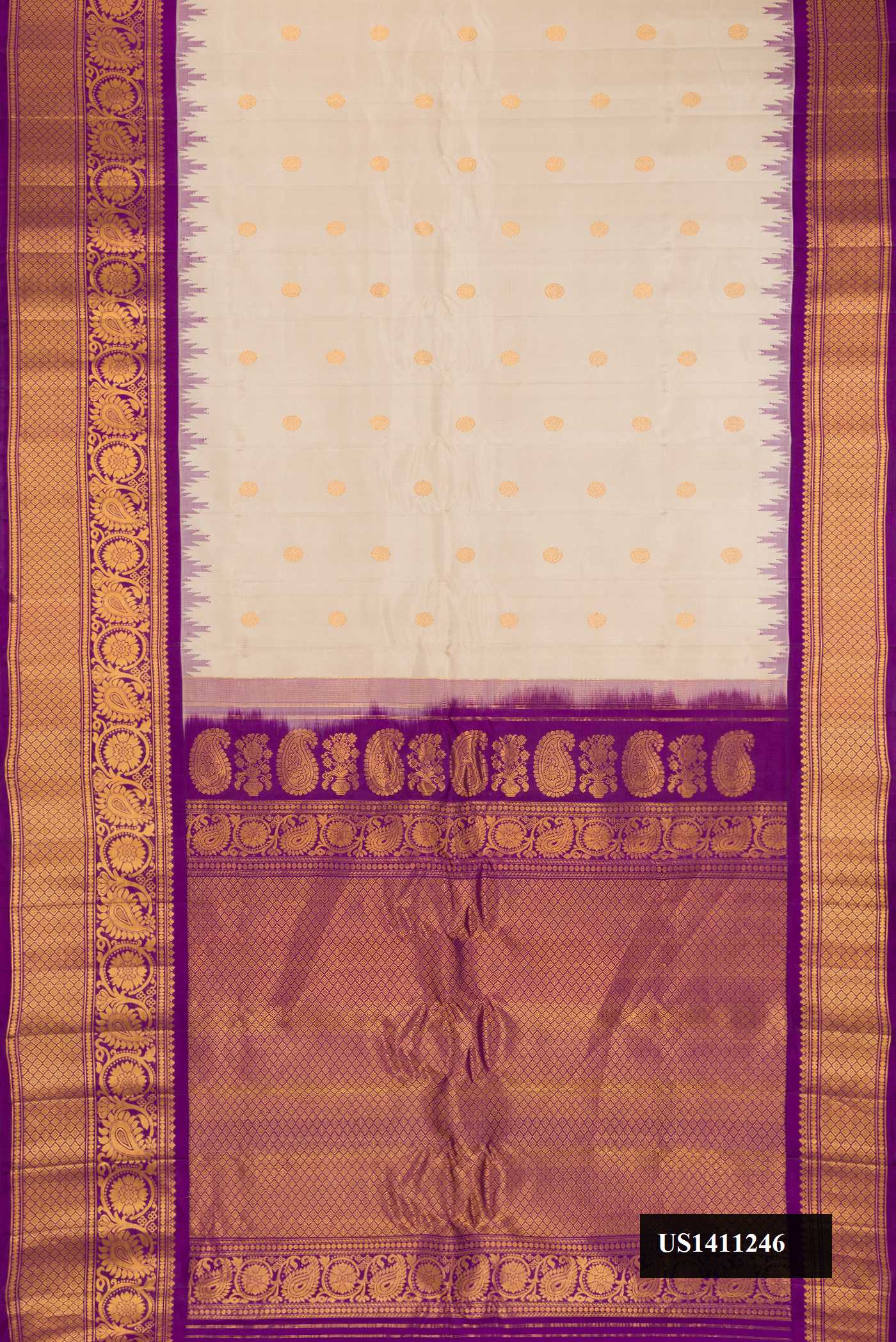 Beige Dual Tone Gadwal Silk Saree with Zari Butta on the body and Fancy Border.  displayed on a mannequin